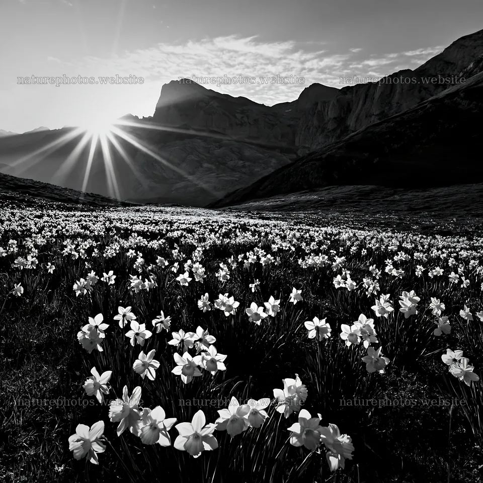 Sunrays over Picos de Europa meadow with blooming flowers – nature photos 7938x7938