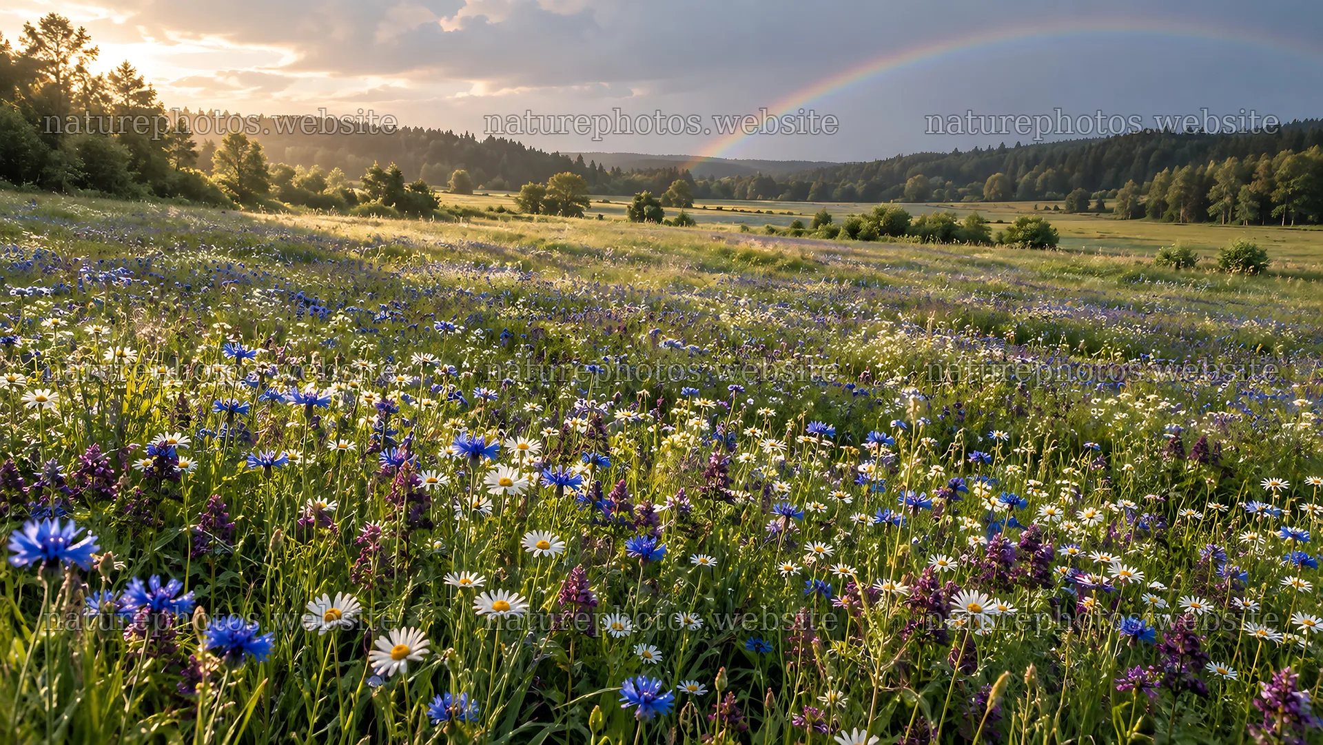 Wildflower Meadow Glowing Beside a Forest Clearing – nature photos 10324x5812