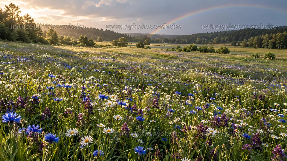 Wildflower Meadow Glowing Beside a Forest Clearing – nature photos 10324x5812