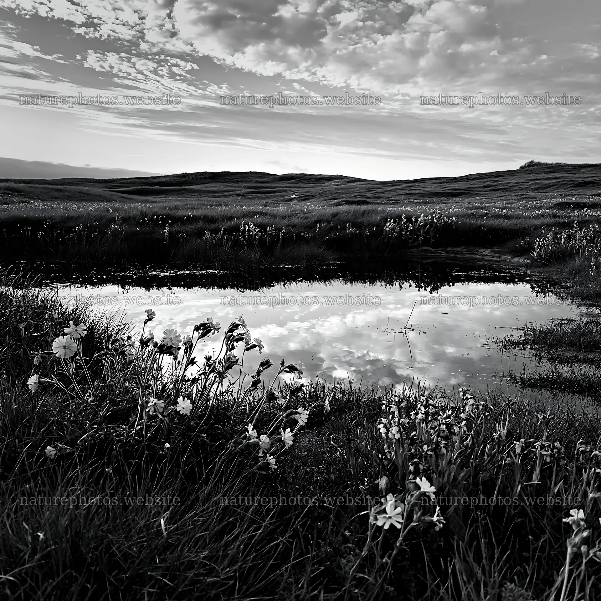 Machair beach meadow with flowers and a reflecting pool – nature photos 7938x7938