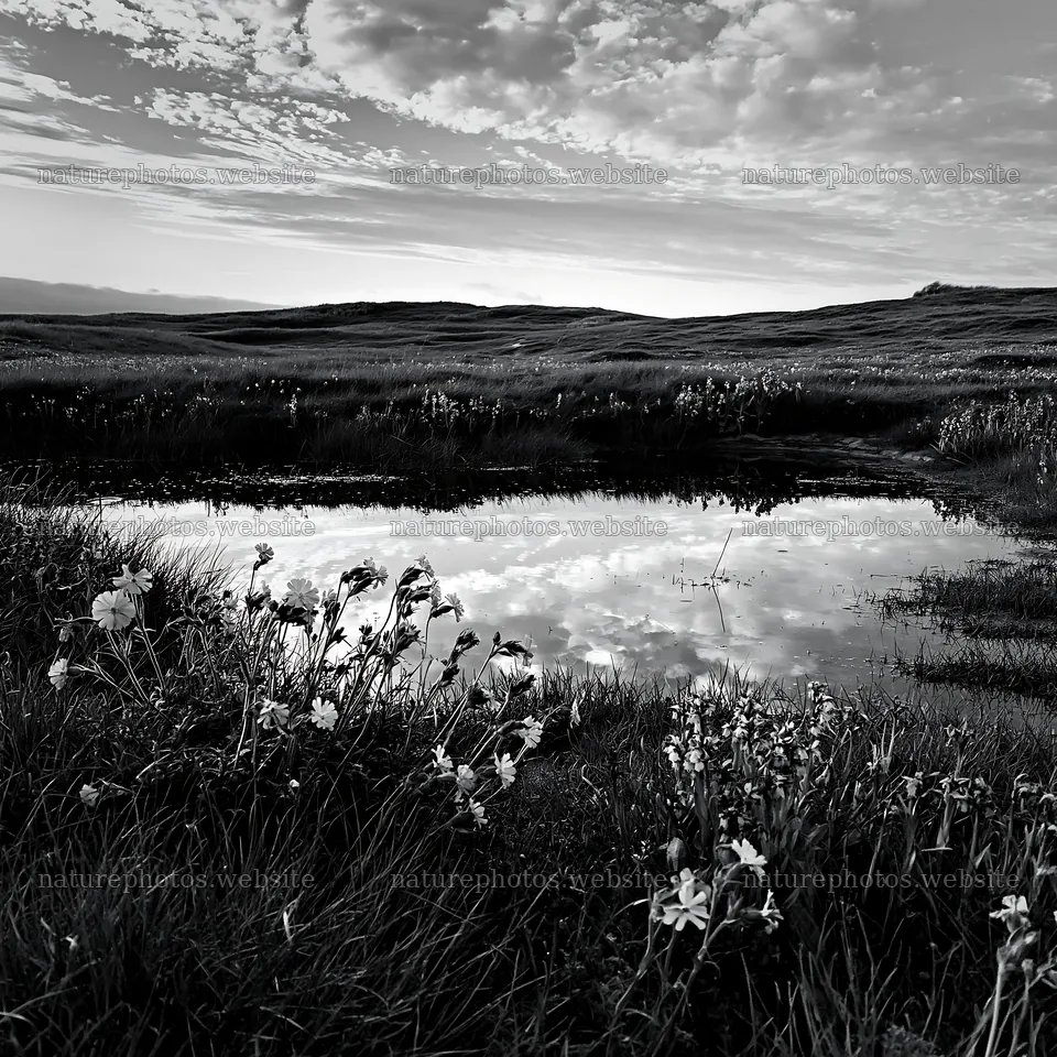 Machair beach meadow with flowers and a reflecting pool – nature photos 7938x7938