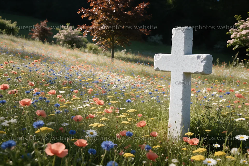 White cross in wildflower meadow under blue sky – nature photos 9722x6480