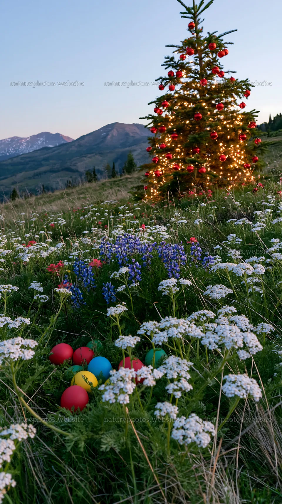 Christmas tree decorated with baubles in mountain meadow – nature photos 5938x10608