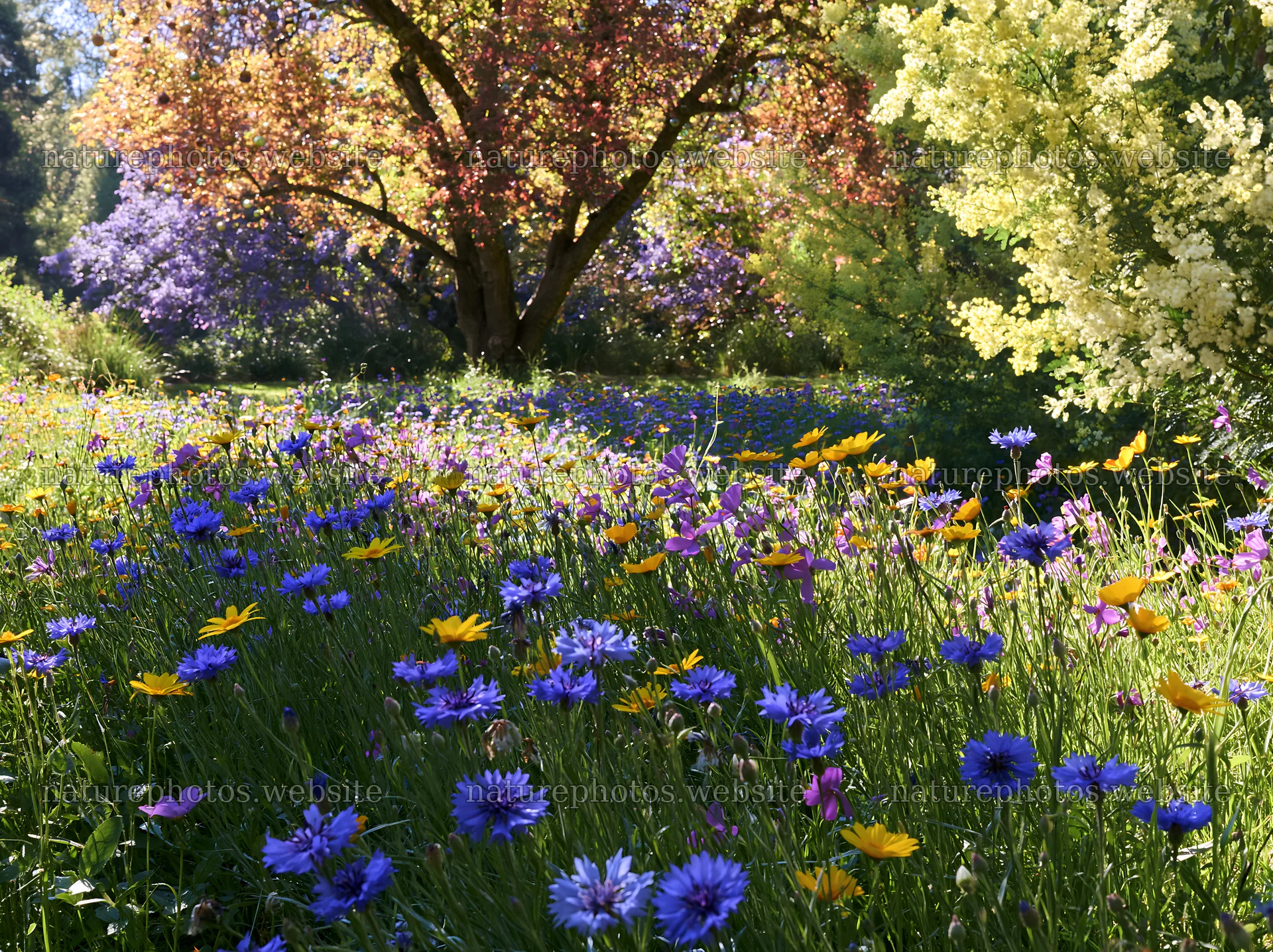 Christmas tree beside stream in meadow with blooming flowers – nature photos 9174x6866
