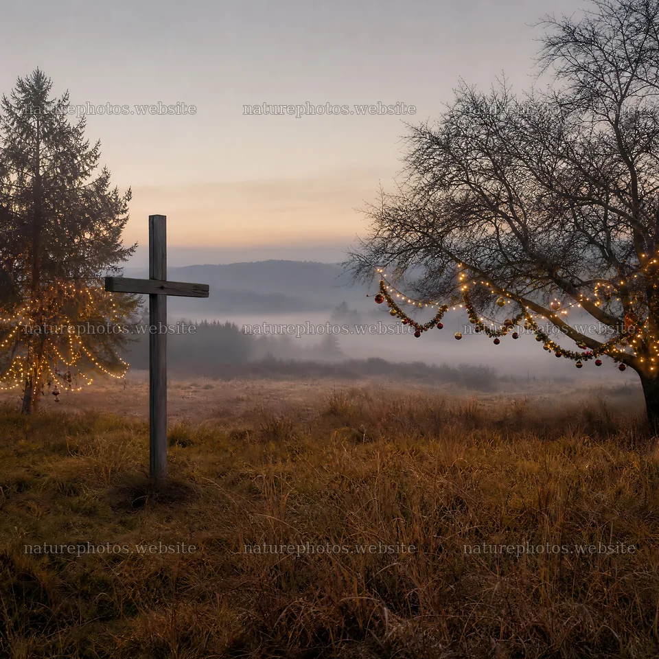 Weathered Christian cross in misty meadow at dawn – nature photos 7938x7938