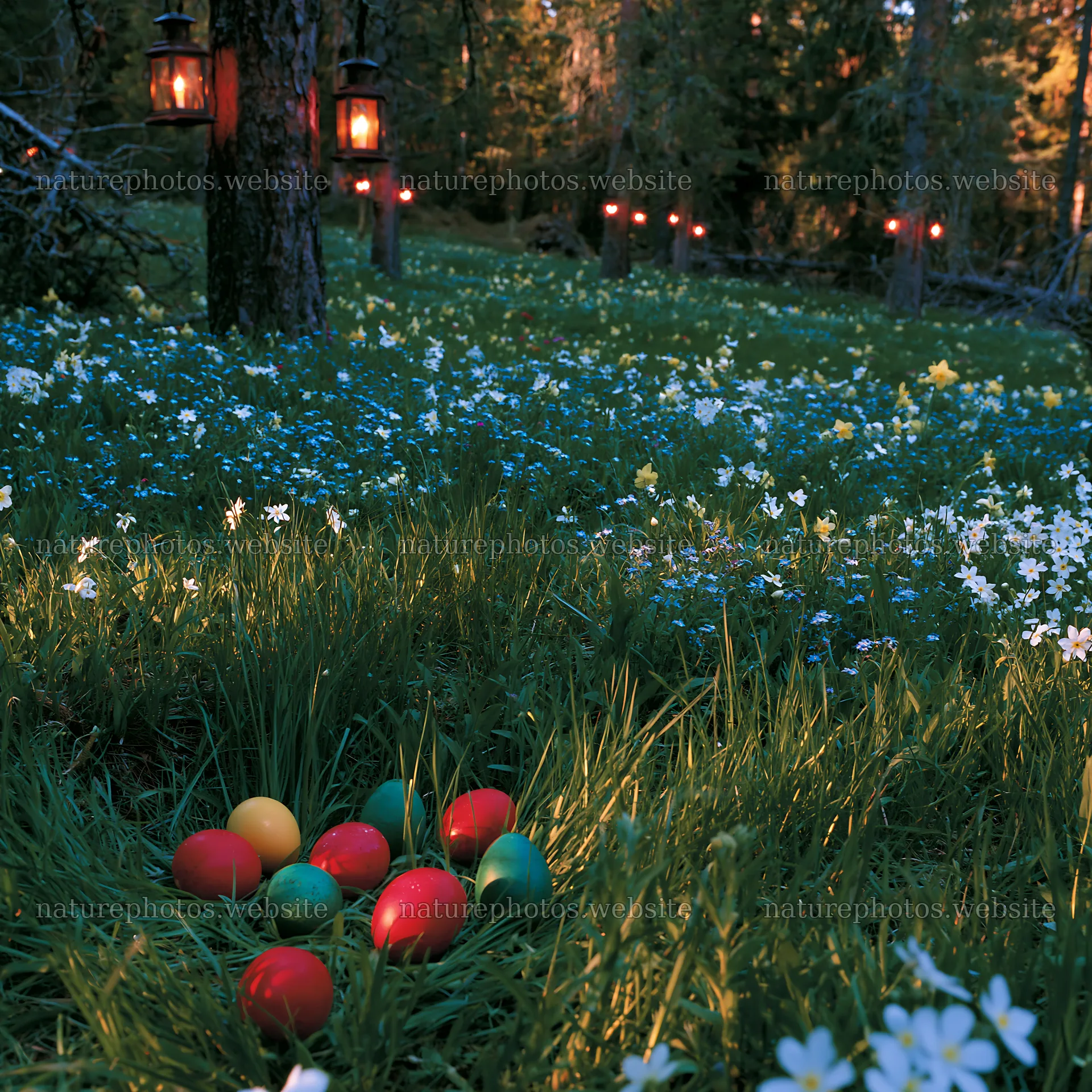 Expansive Christmas meadow with lanterns and colored eggs – nature photos 7938x7938