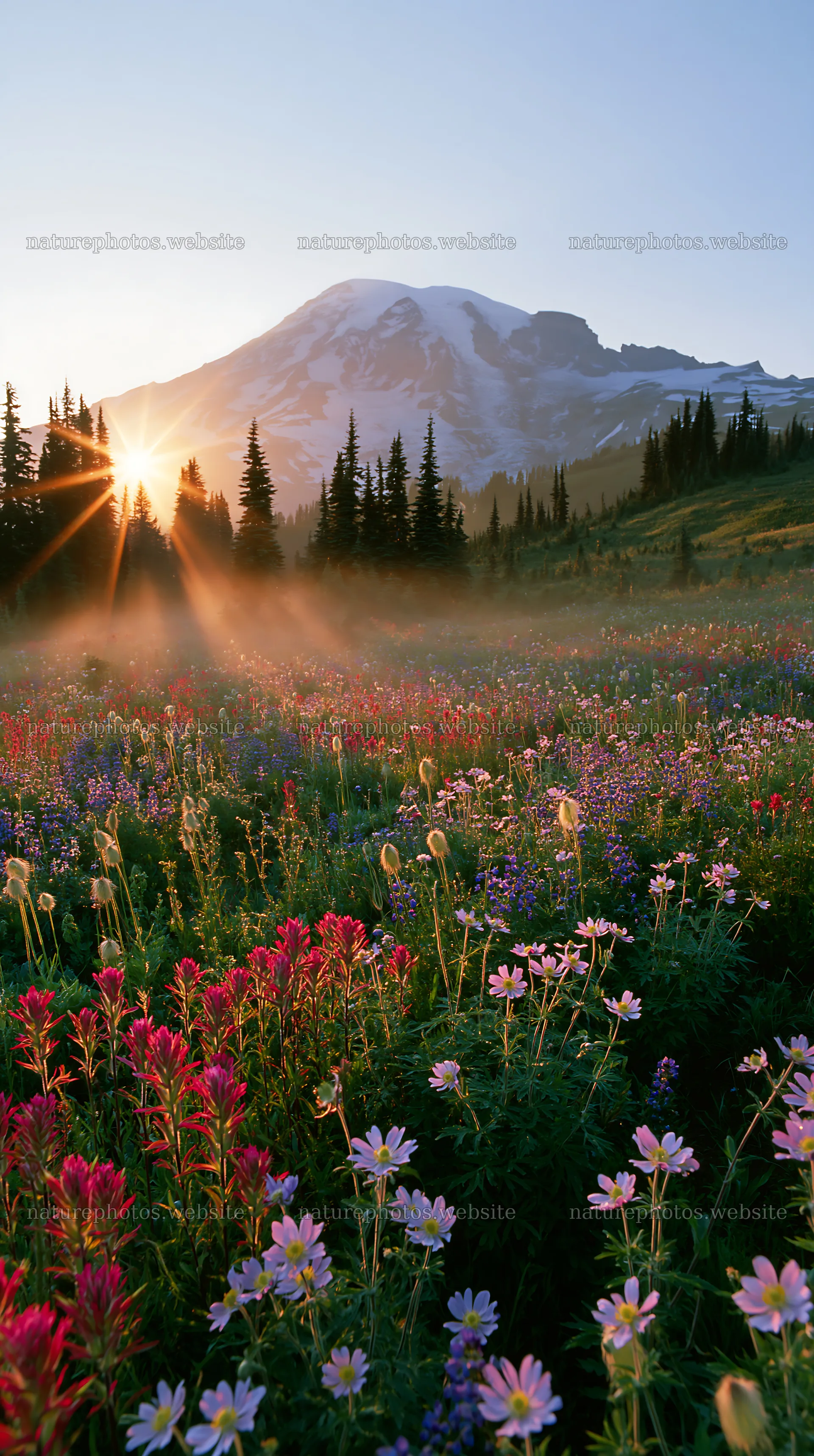 Mount Rainier wildflower meadow at sunrise – nature photos 5938x10608