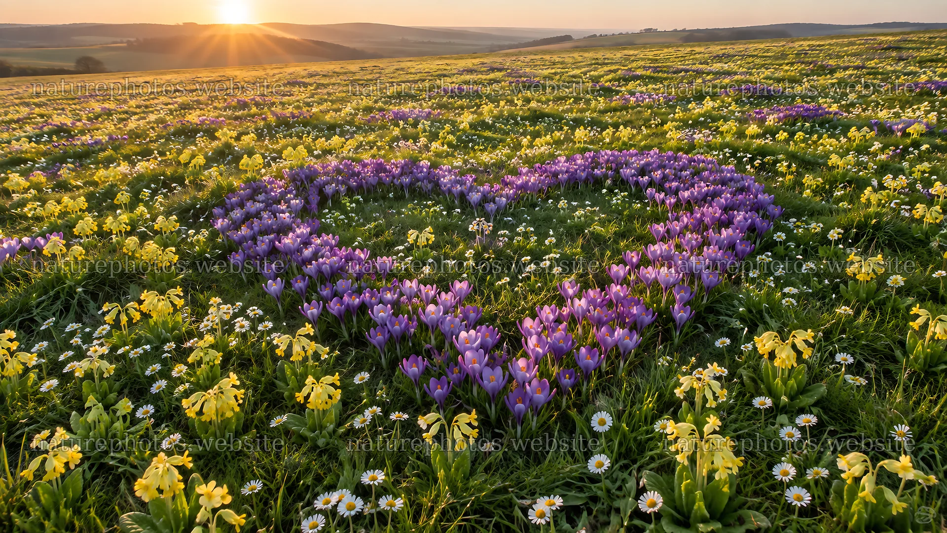 Heart-Shaped Purple Flowers in a Sunset Meadow – nature photos 10324x5812