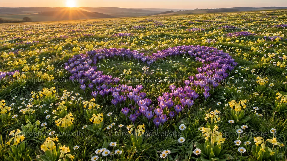 Heart-Shaped Purple Flowers in a Sunset Meadow – nature photos 10324x5812