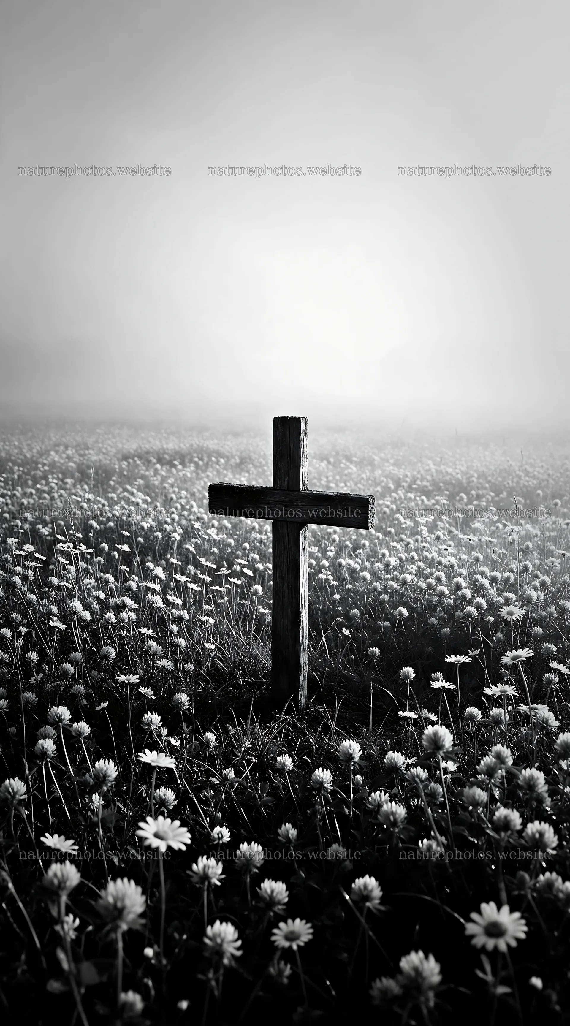 Weathered Christian cross in misty meadow with flowers – nature photos 5916x10648