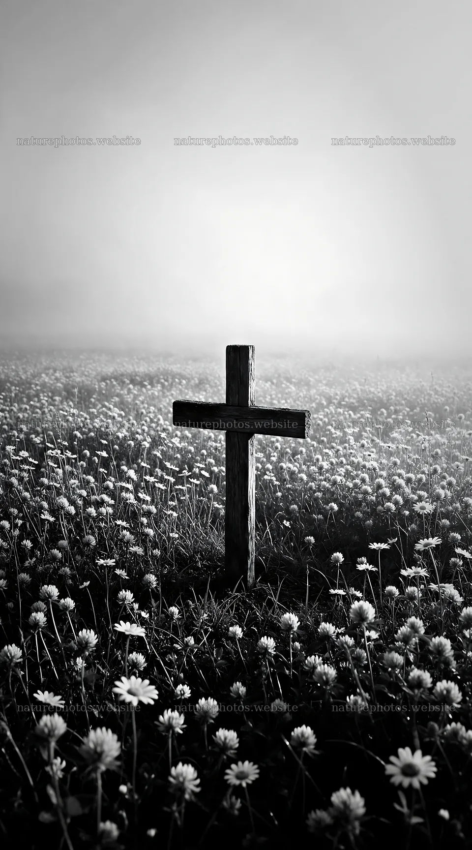 Weathered Christian cross in misty meadow with flowers – nature photos 5916x10648