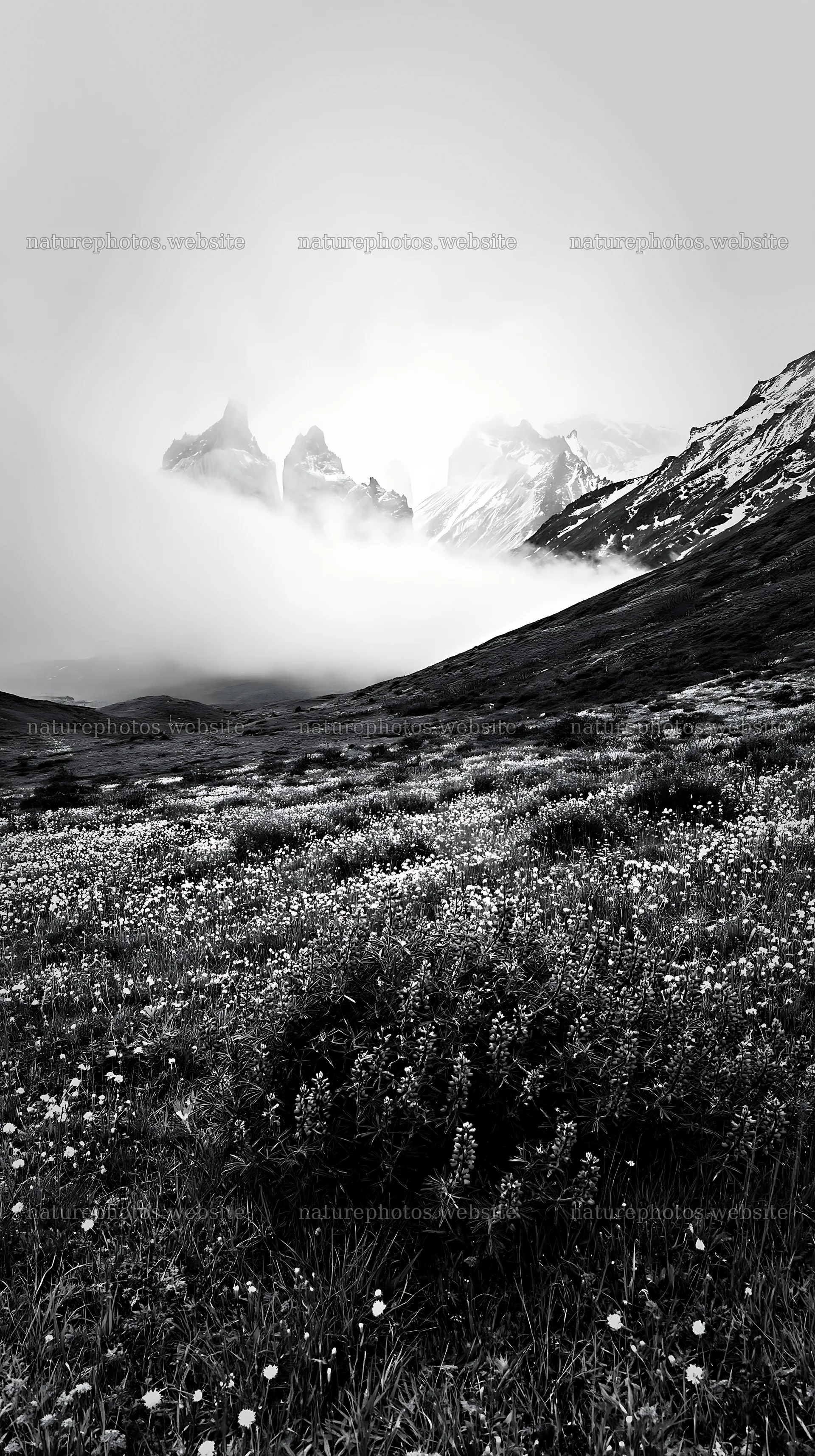 Snow-covered meadow in Torres del Paine with misty mountains – nature photos 5938x10608
