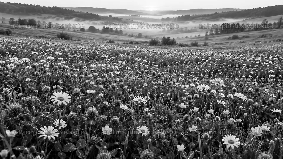 Wildflower Meadow and Misty Hills in Monochrome – nature photos 10324x5812