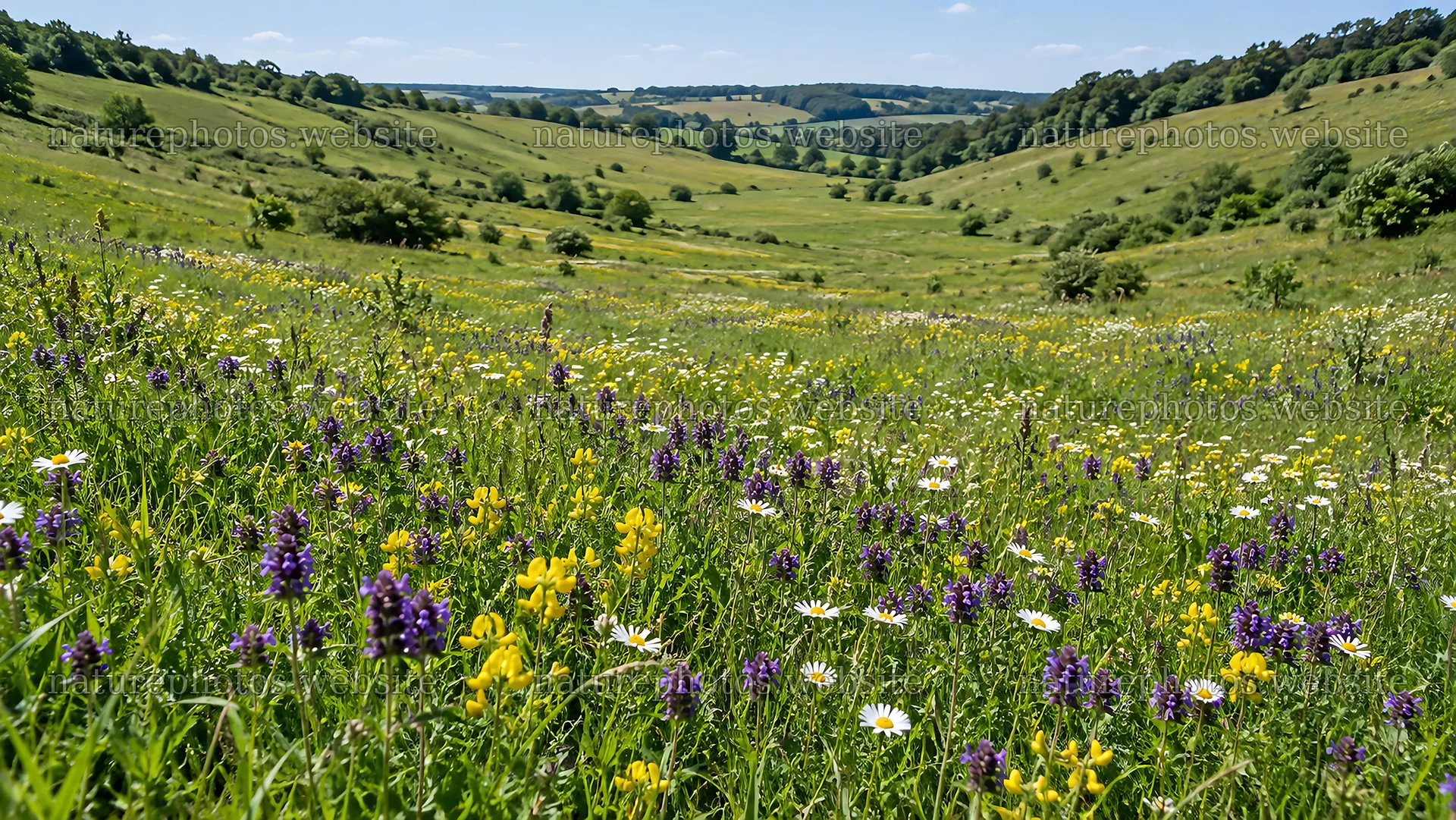 Colorful wildflowers in a rolling green meadow – nature photos 10324x5812