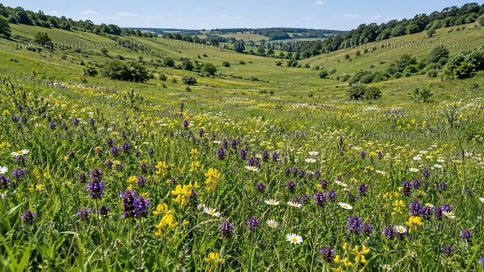 Colorful wildflowers in a rolling green meadow – nature photos 10324x5812