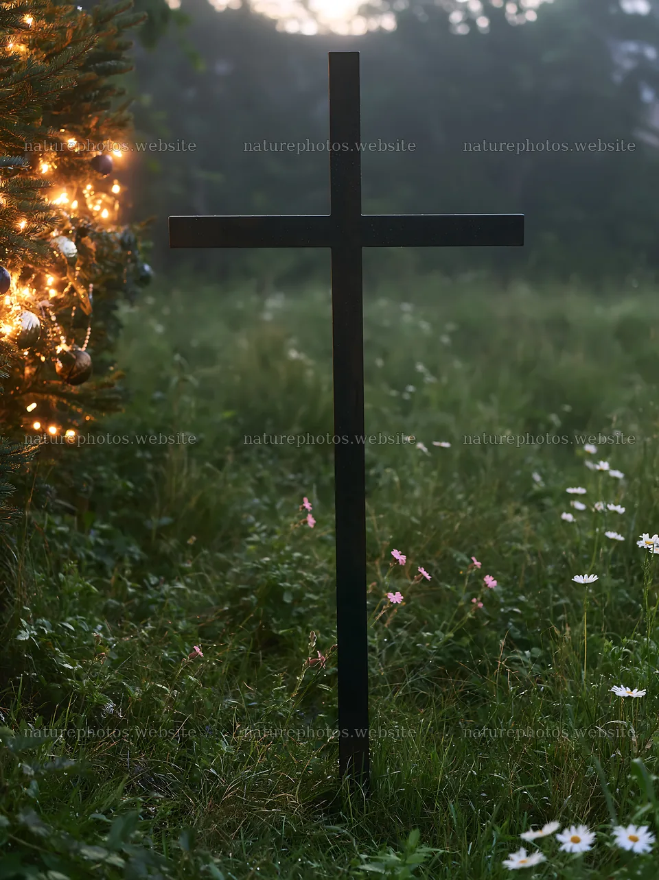 Christian cross in meadow with Christmas lights – nature photos 6866x9174