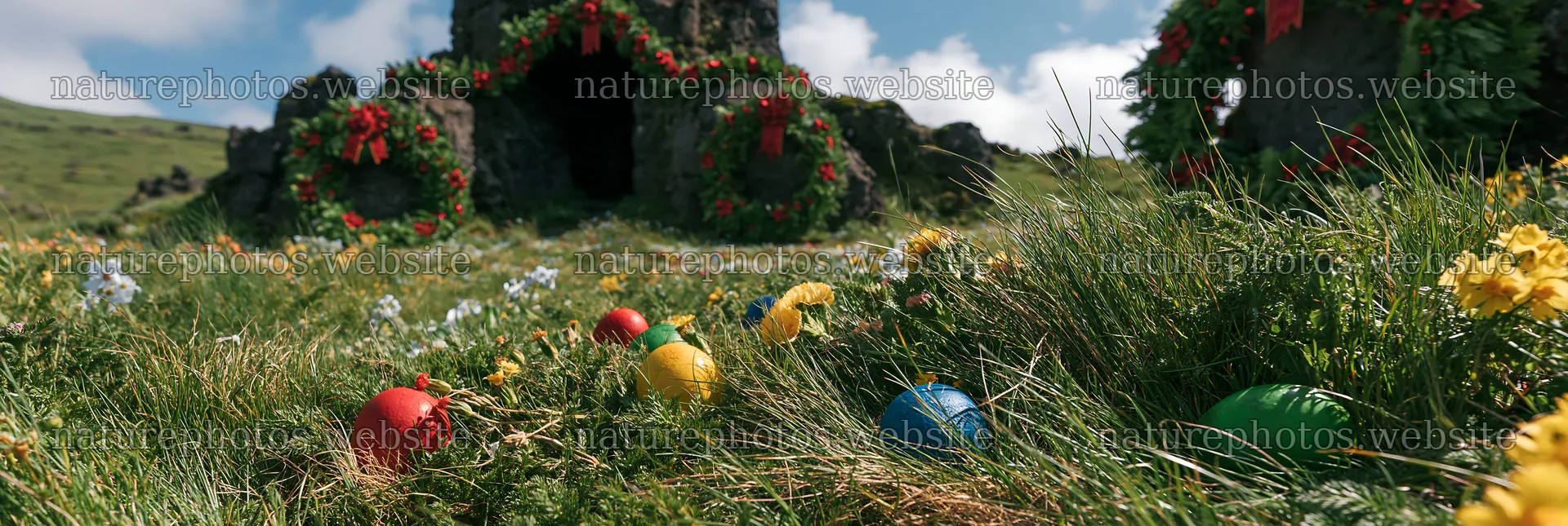 Christmas wreaths near cave in meadow with colorful ornaments – nature photos 13690x4602