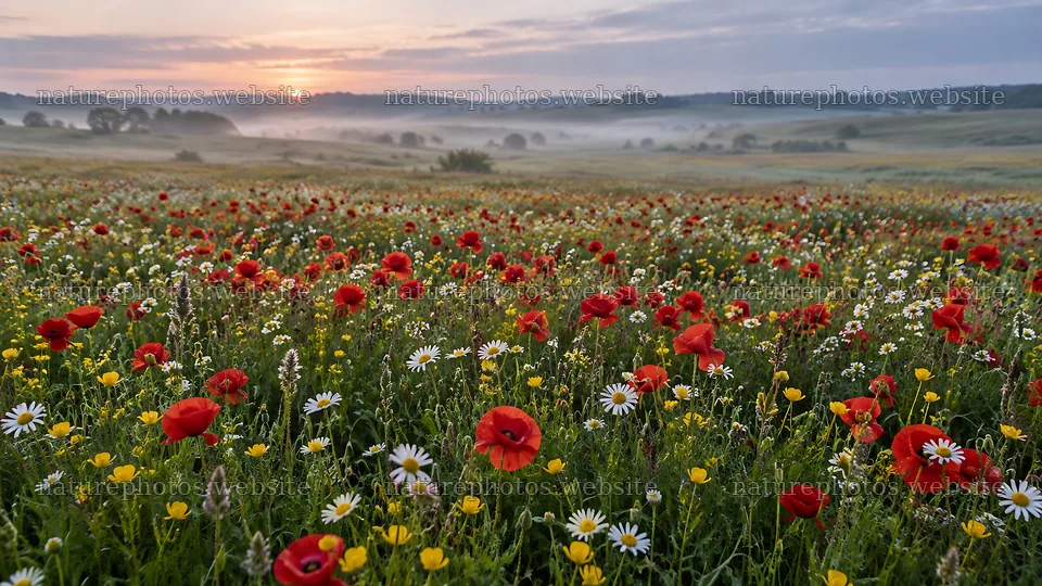 Wildflower Meadow Emerging from Dawn Shadows – nature photos 10324x5812
