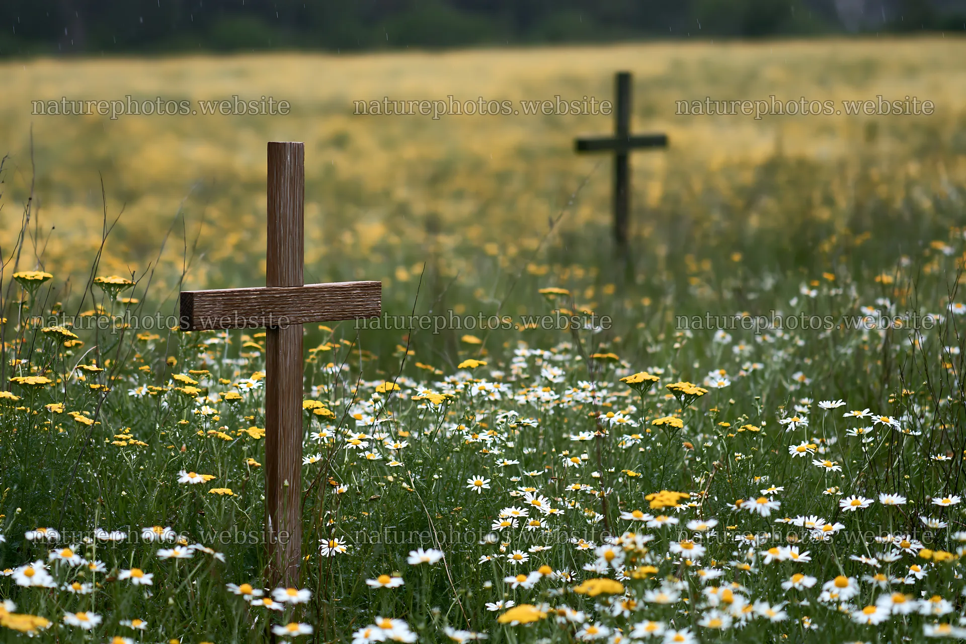 Christian crosses in a rain-soaked meadow with wildflowers – nature photos 9722x6480