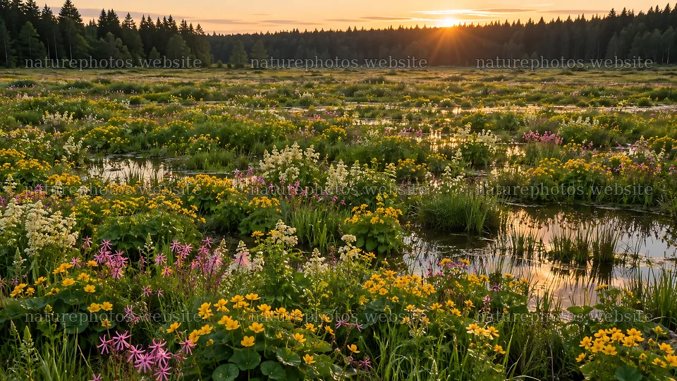 Wildflower Meadow in a Forest Clearing at Sunset – nature photos 10324x5812