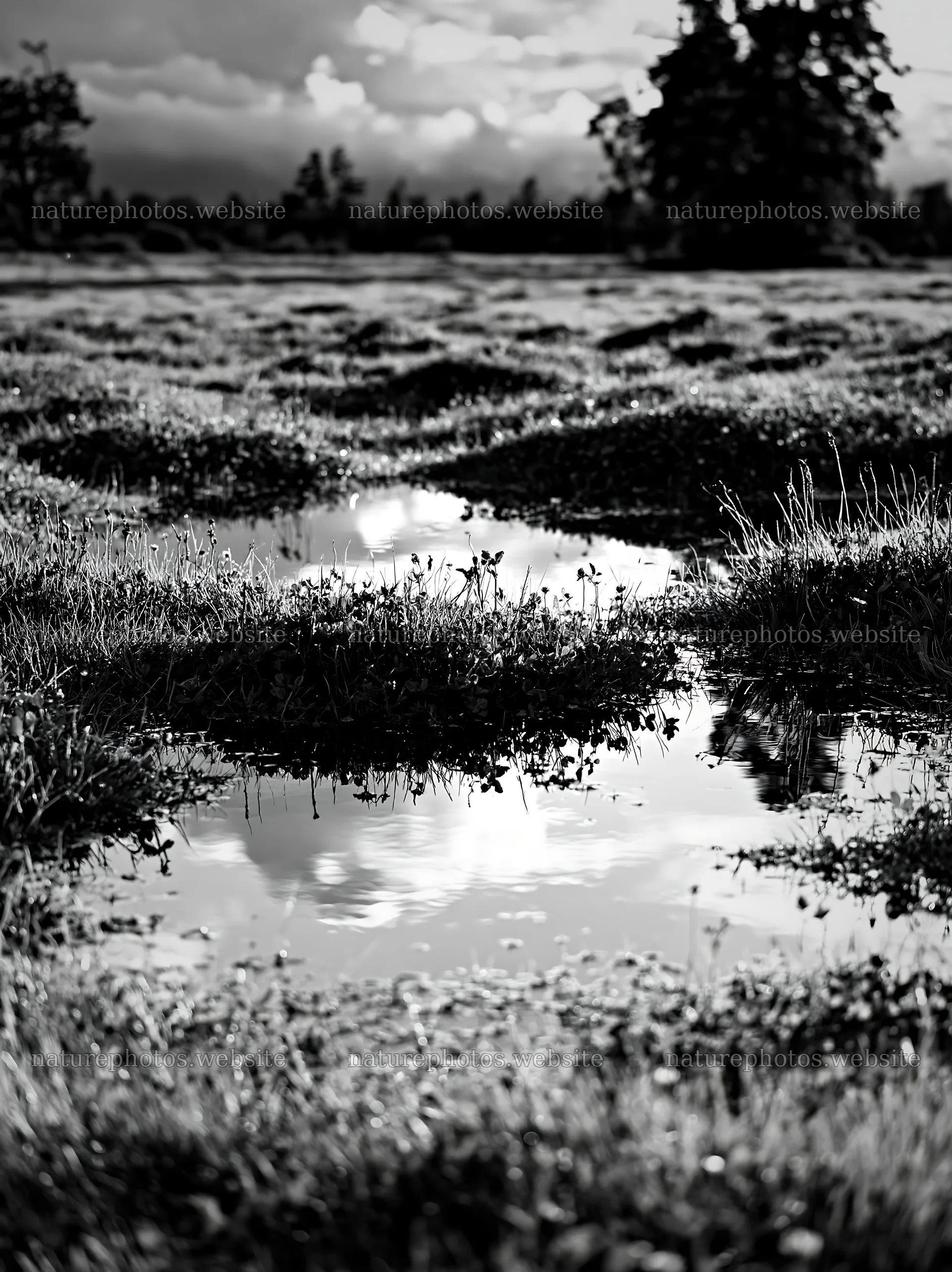 Clover apple meadow with water reflections and green landscape – nature photos 6866x9174