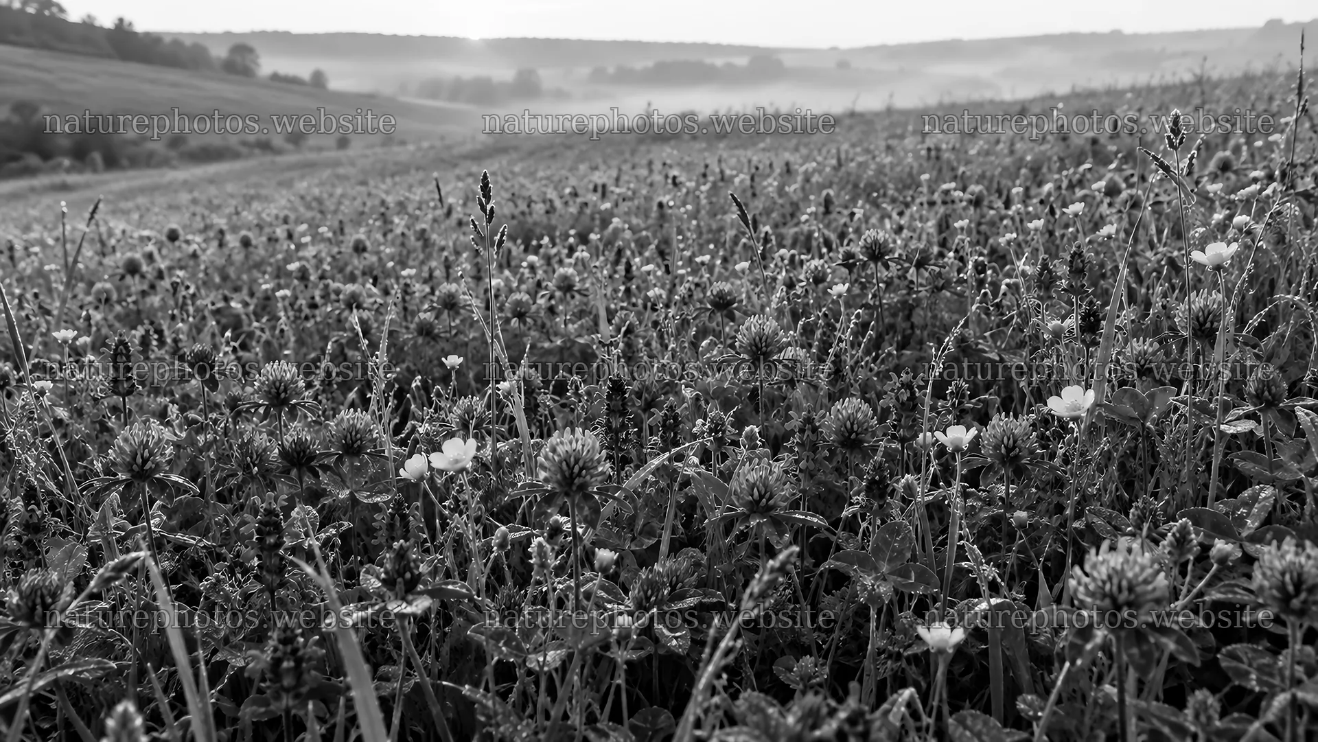 Wildflower Meadow in Morning Mist, Monochrome – nature photos 10324x5812