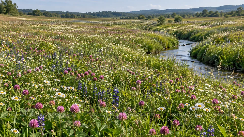 Colorful wildflowers beside a meadow stream – nature photos 10324x5812