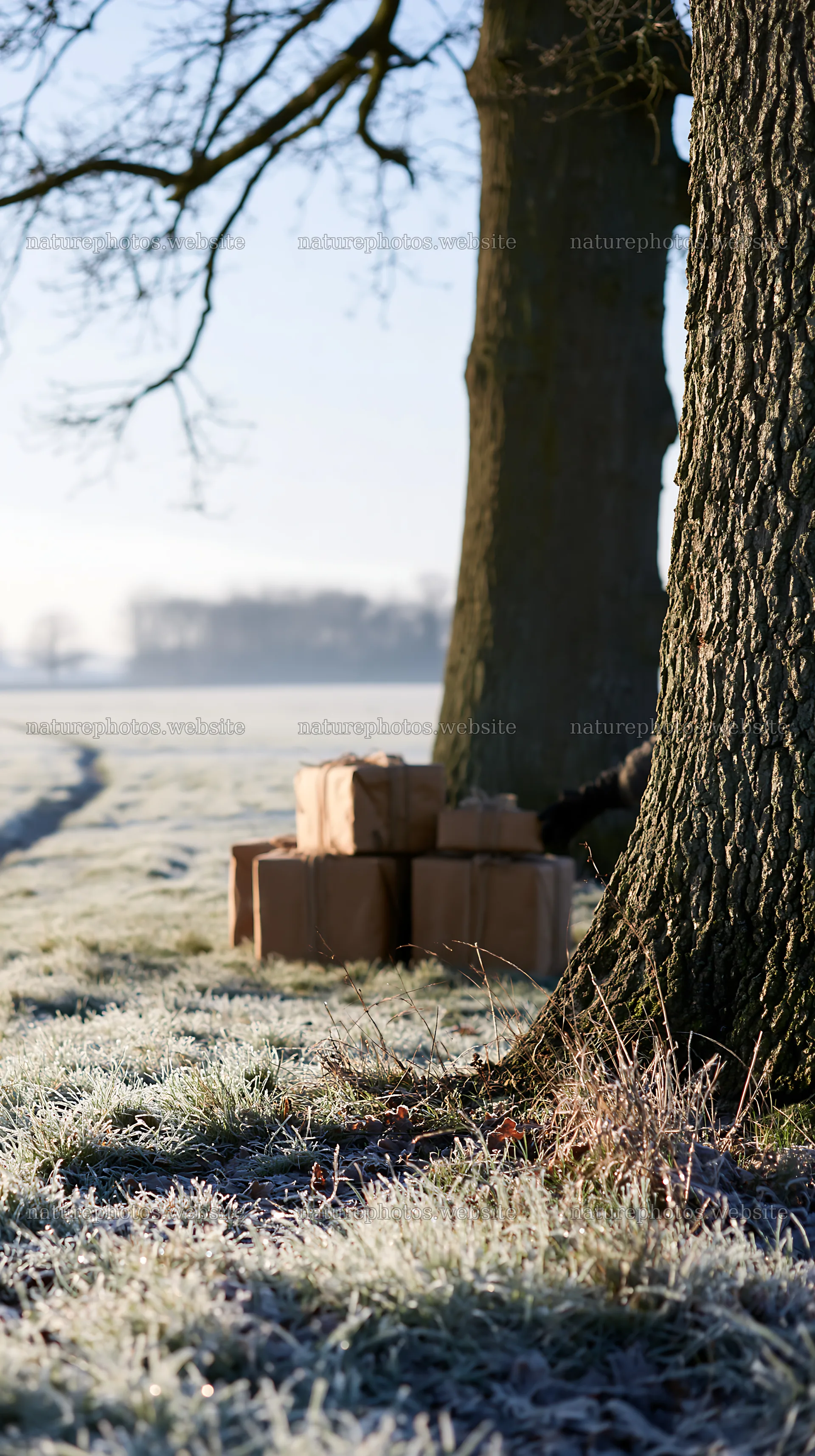 Boxes placed near trees in a meadow during winter morning – nature photos 5938x10608
