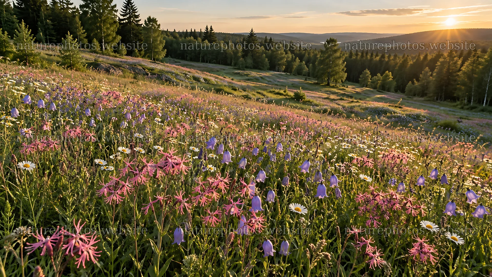 Rim-Lit Wildflower Meadow at a Forest Clearing – nature photos 10324x5812