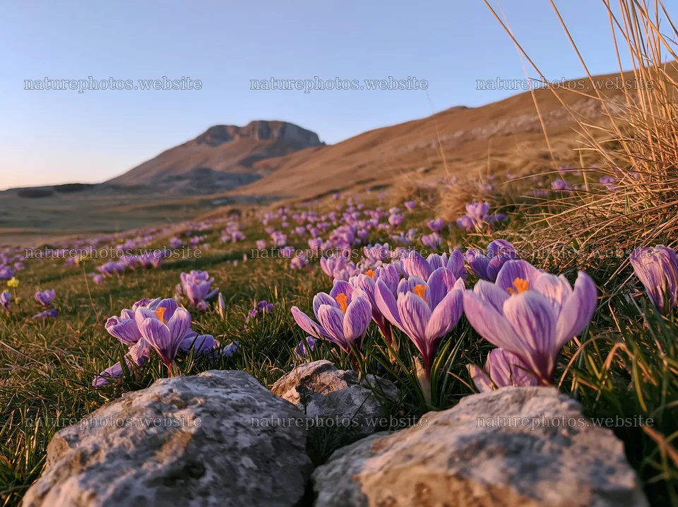Meadow with crocuses near a mountain landscape at sunset – nature photos 9174x6866