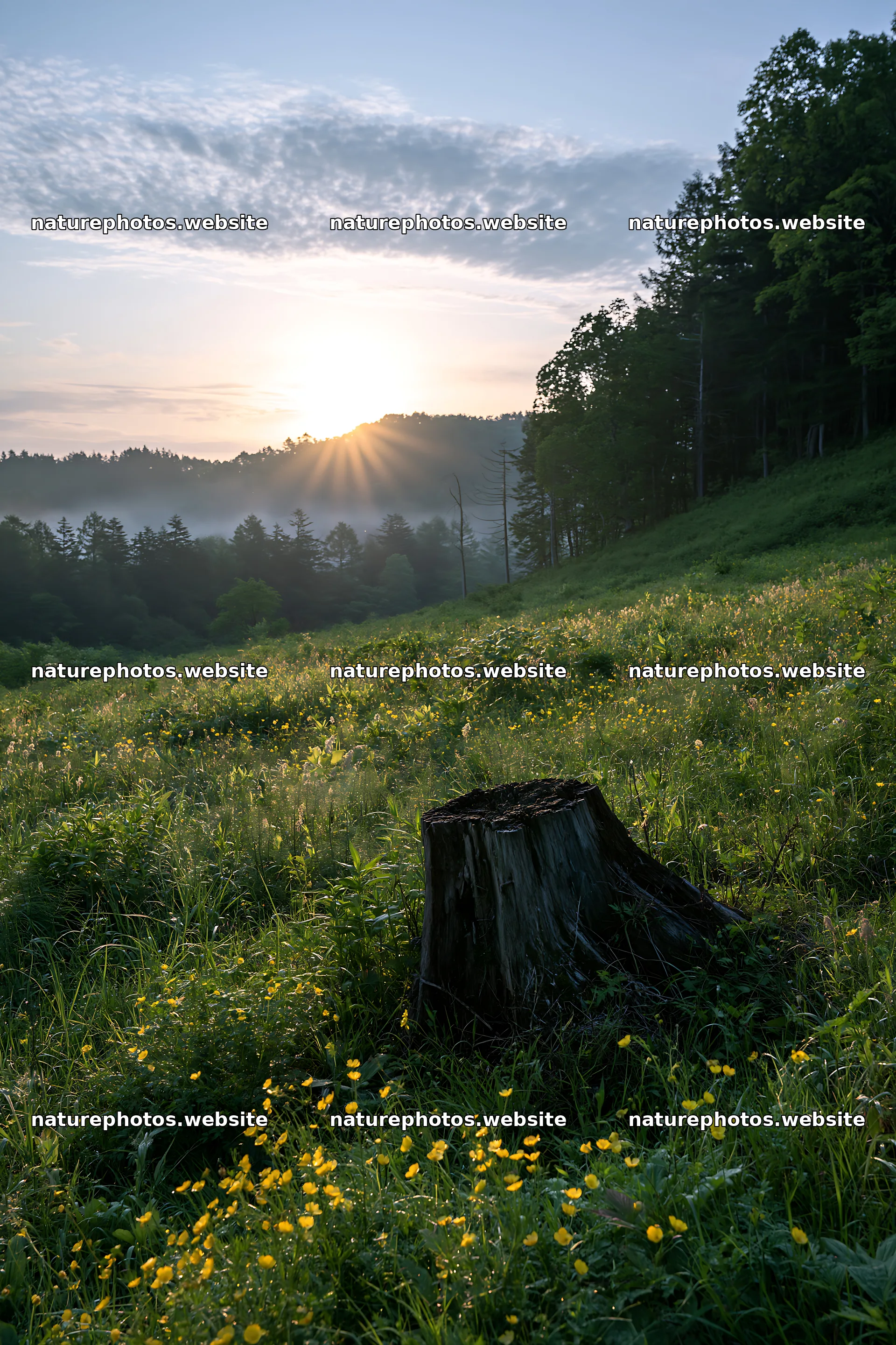 Fukushima native meadow with weathered stump at sunrise – nature photos 6480x9722