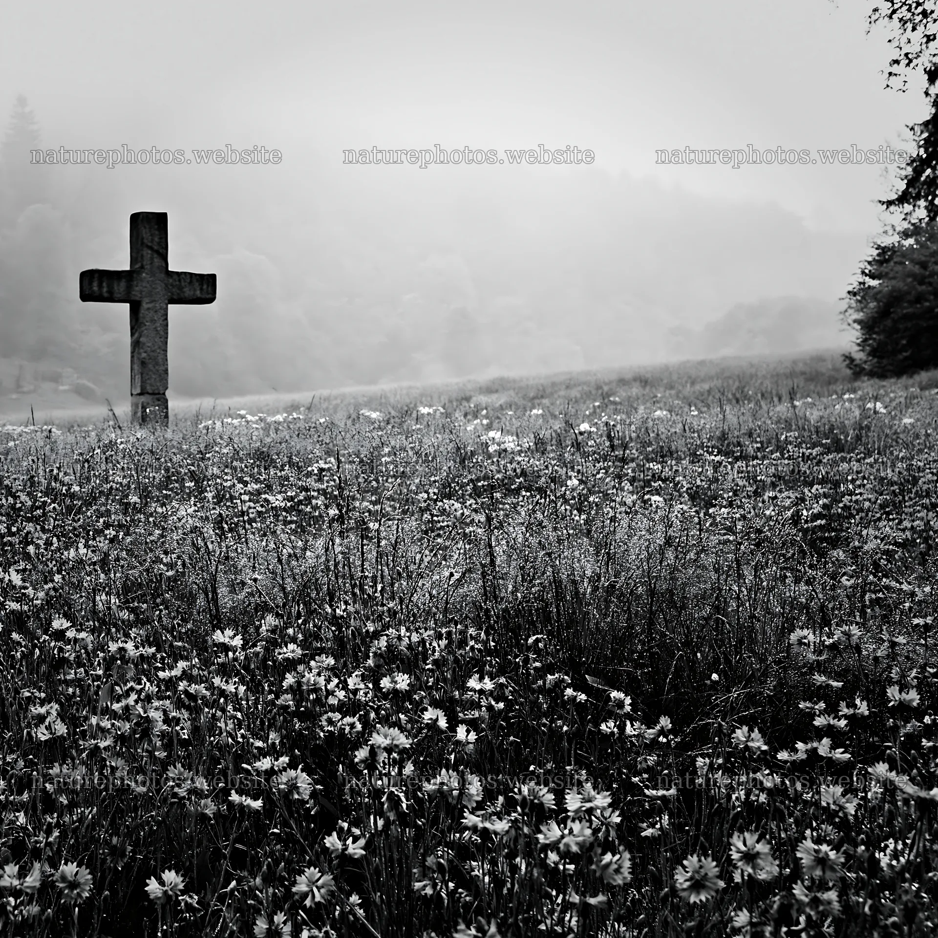 Christian cross in a meadow during the early morning – nature photos 7938x7938