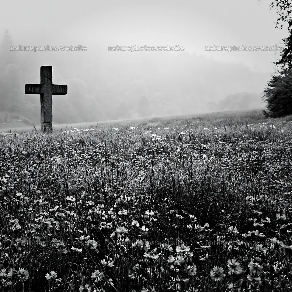 Christian cross in a meadow during the early morning – nature photos 7938x7938