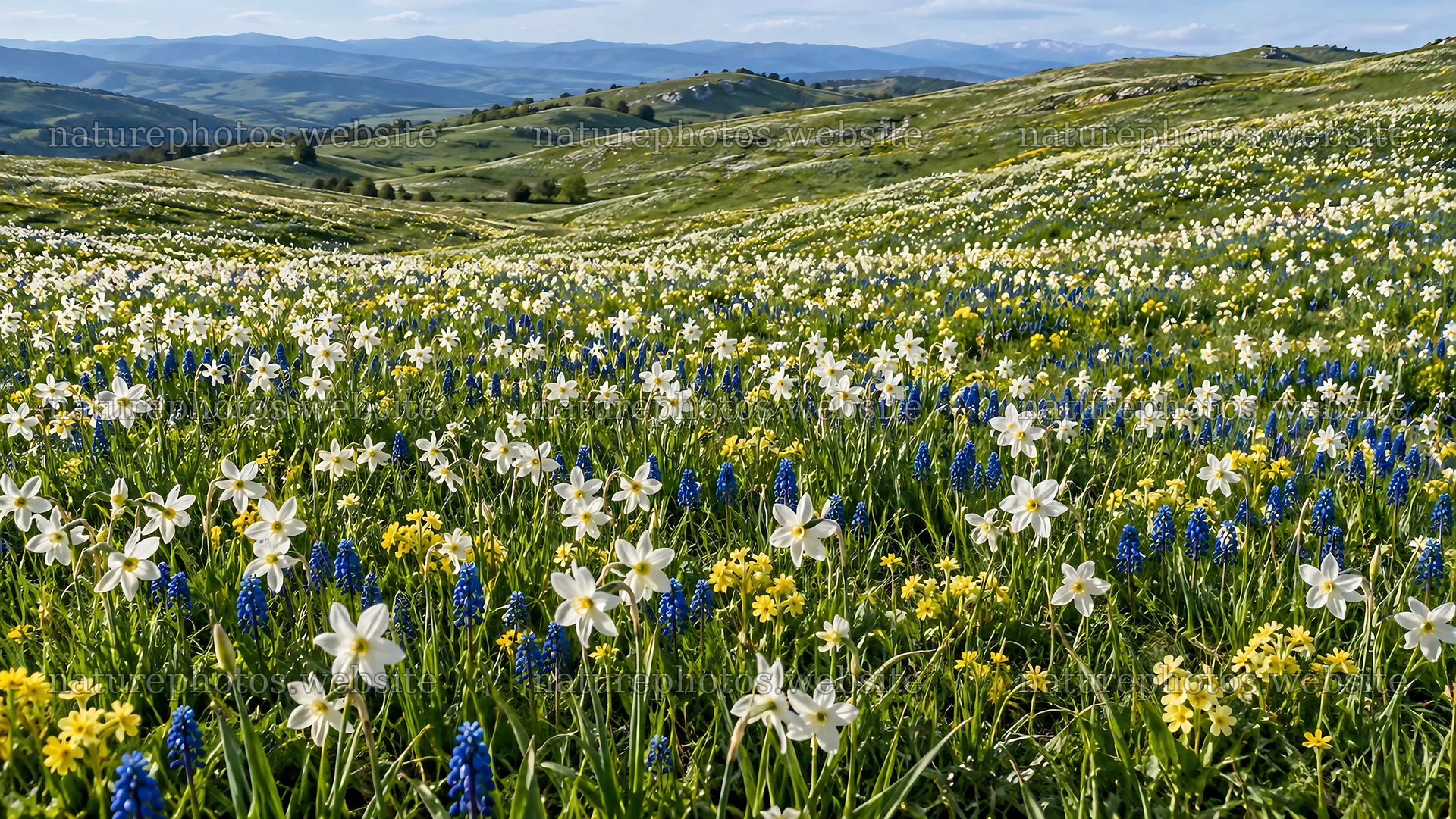 Spring Bulb Flowers Across a Rolling Meadow – nature photos 10324x5812