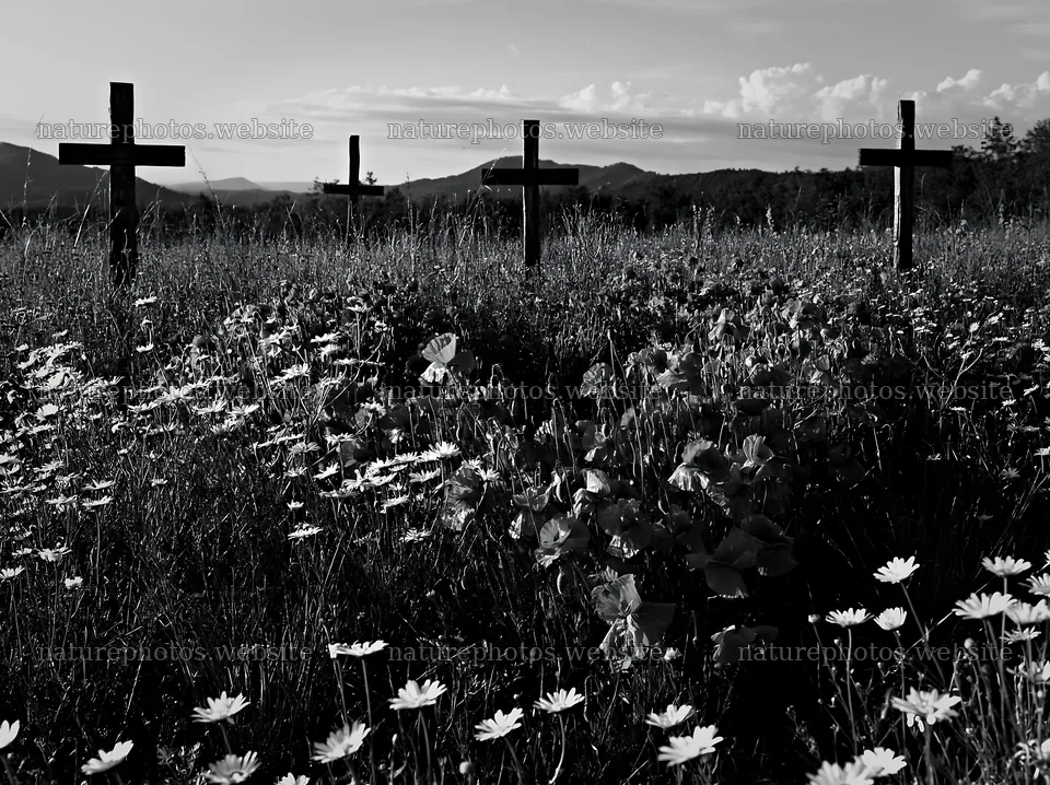 Wooden crosses in a meadow with flowers at sunset – nature photos 9174x6866
