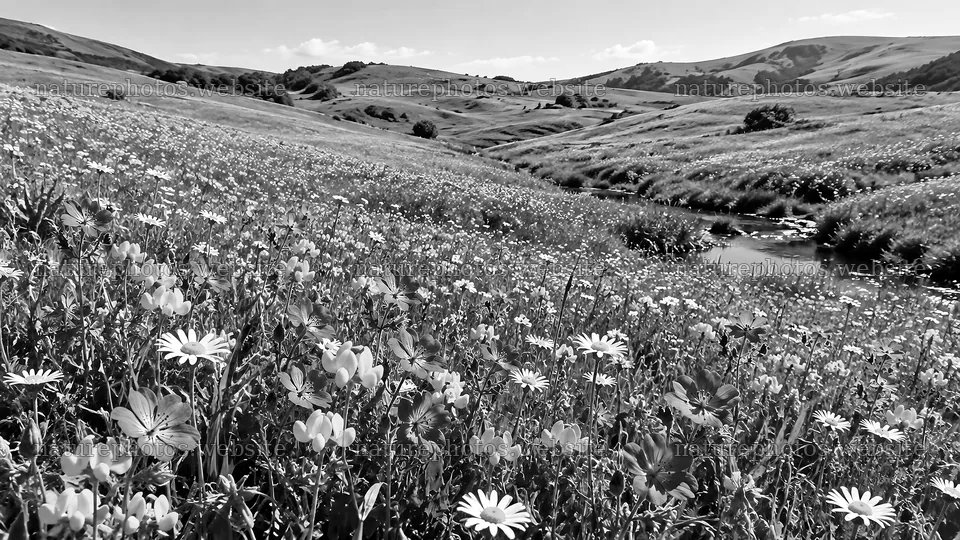 Black-and-White Wildflower Meadow and Hills – nature photos 10324x5812