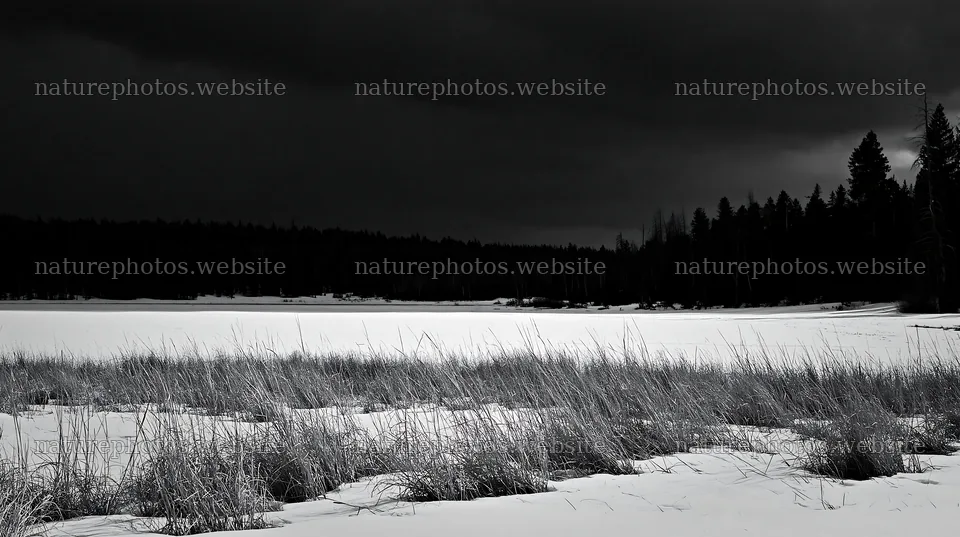 Snowbound meadow with dark skies and distant trees – nature photos 10608x5938