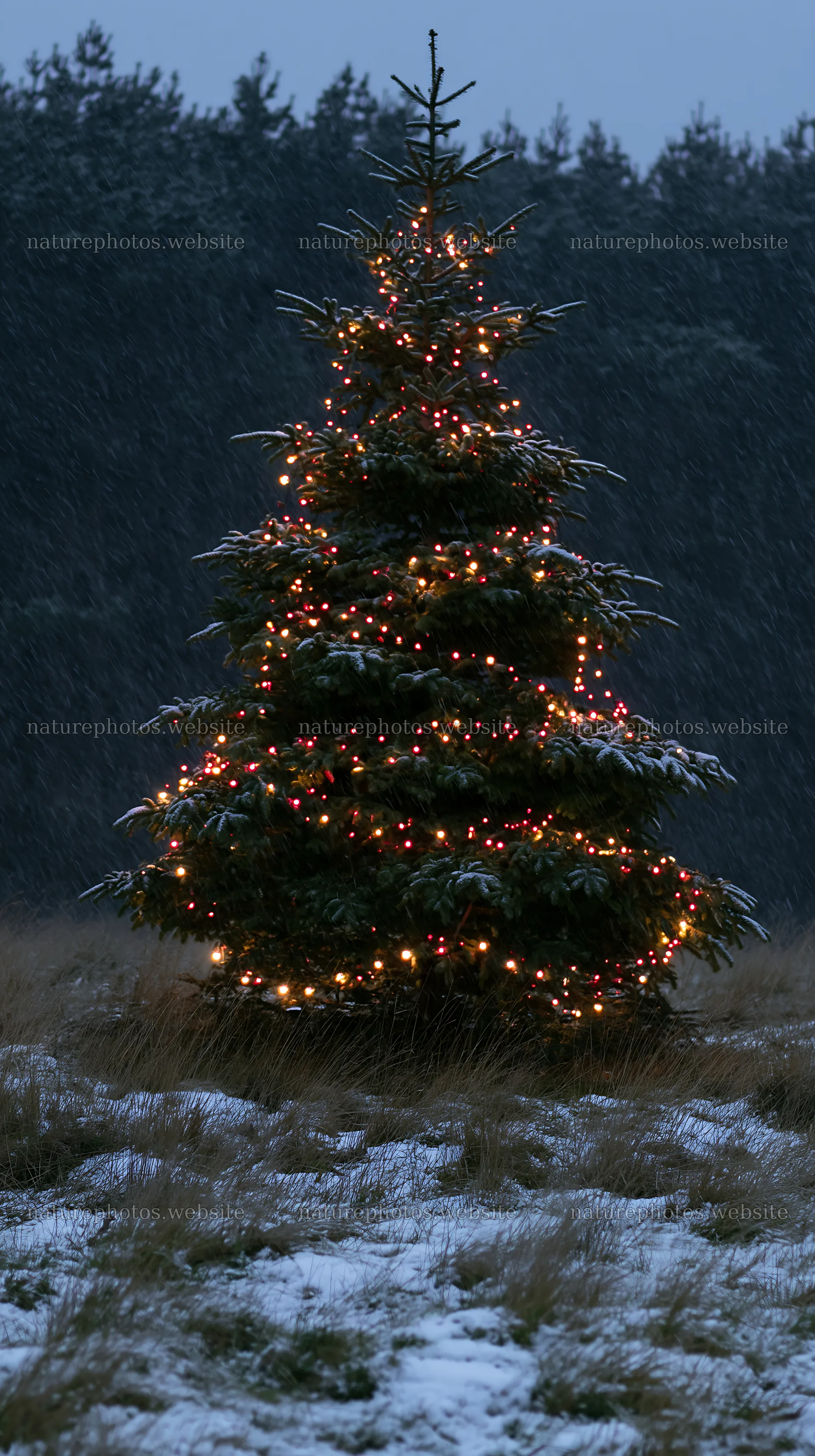 Decorated Christmas tree in snowy meadow at night – nature photos 5938x10608