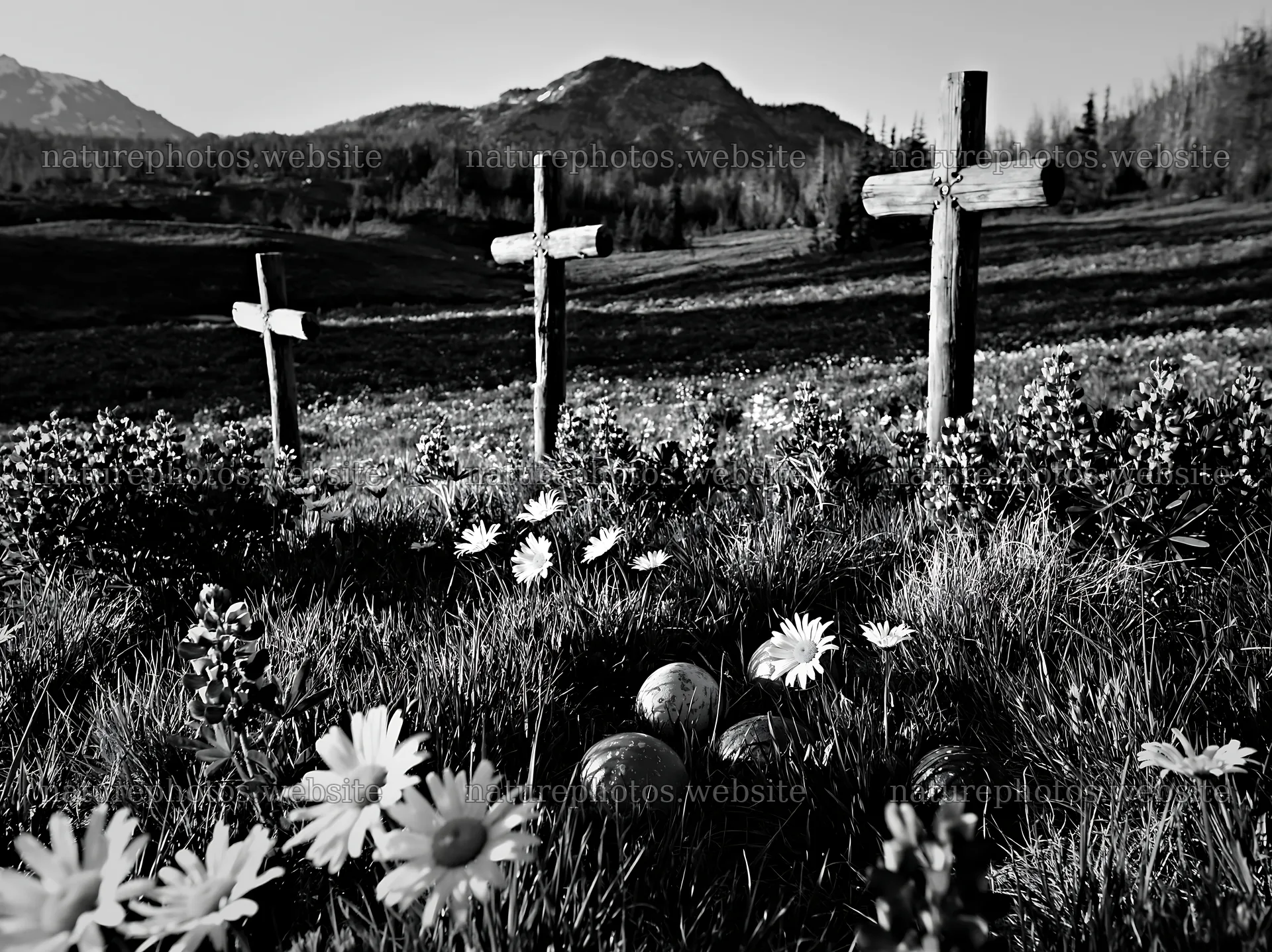Christian crosses beside mineral spring meadow – nature photos 9174x6866