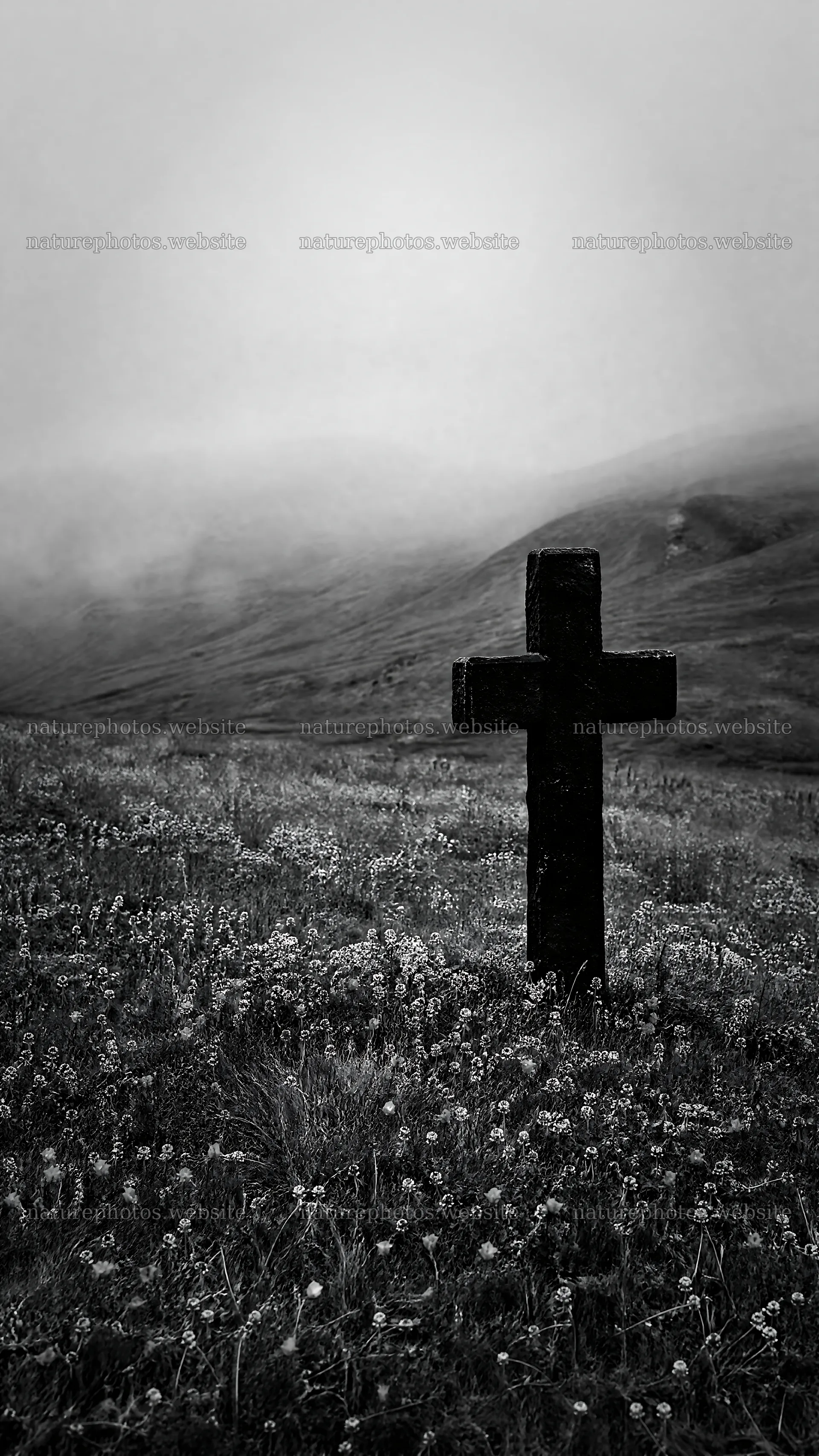 Dark cross in summer meadow under cloudy skies – nature photos 5952x10584