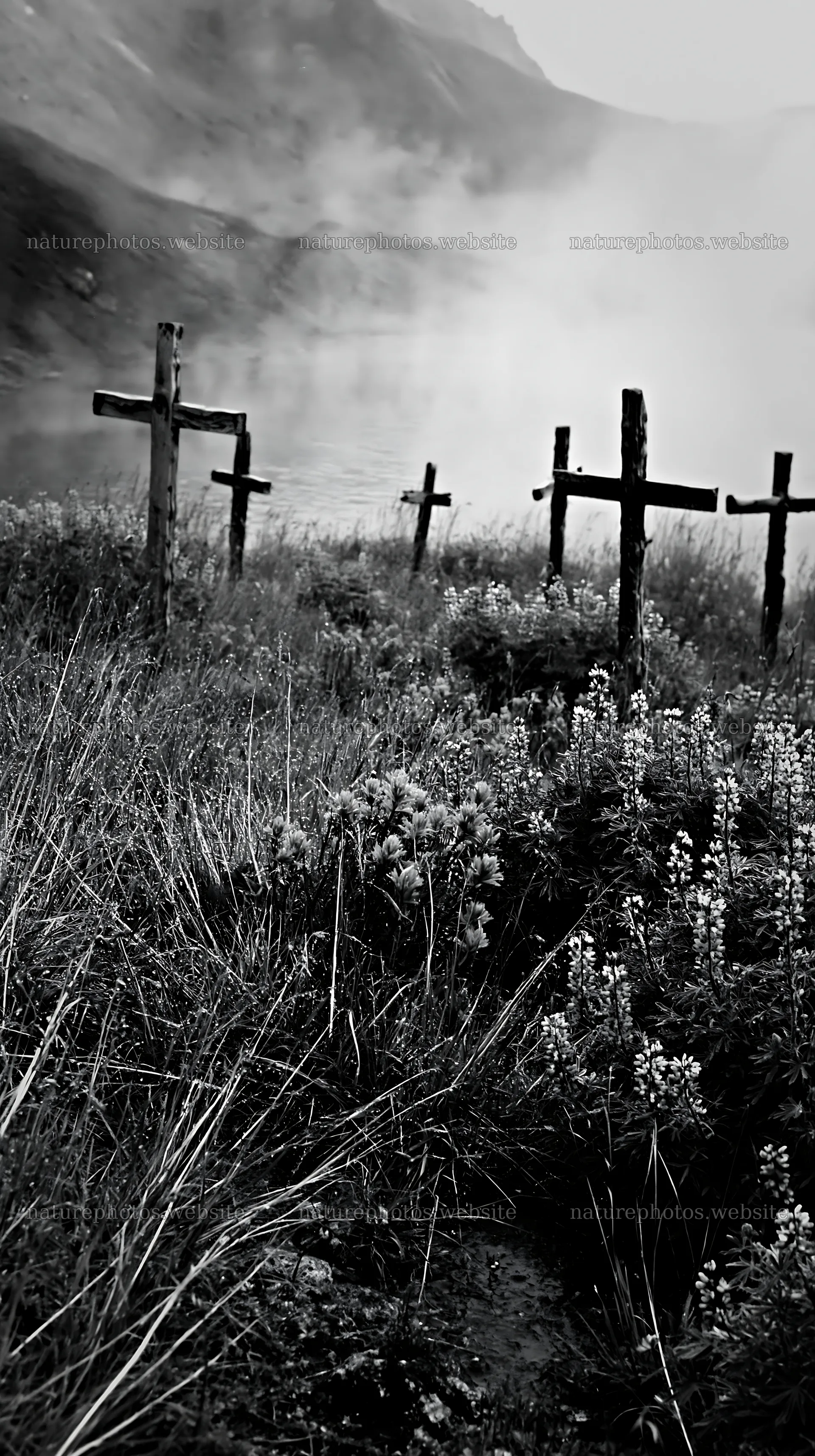 Christian crosses in geothermal spring meadow – nature photos 5938x10608