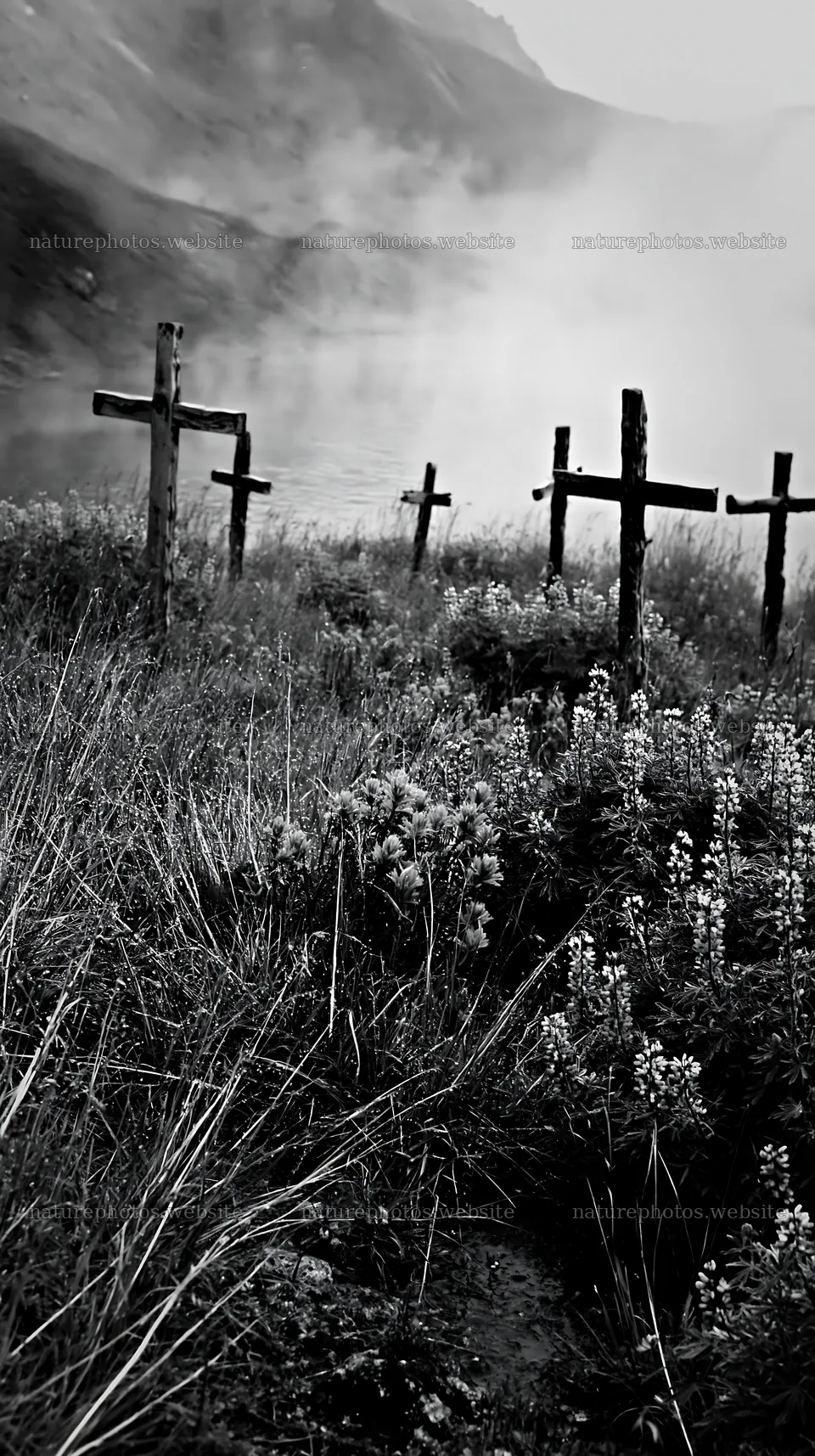 Christian crosses in geothermal spring meadow – nature photos 5938x10608