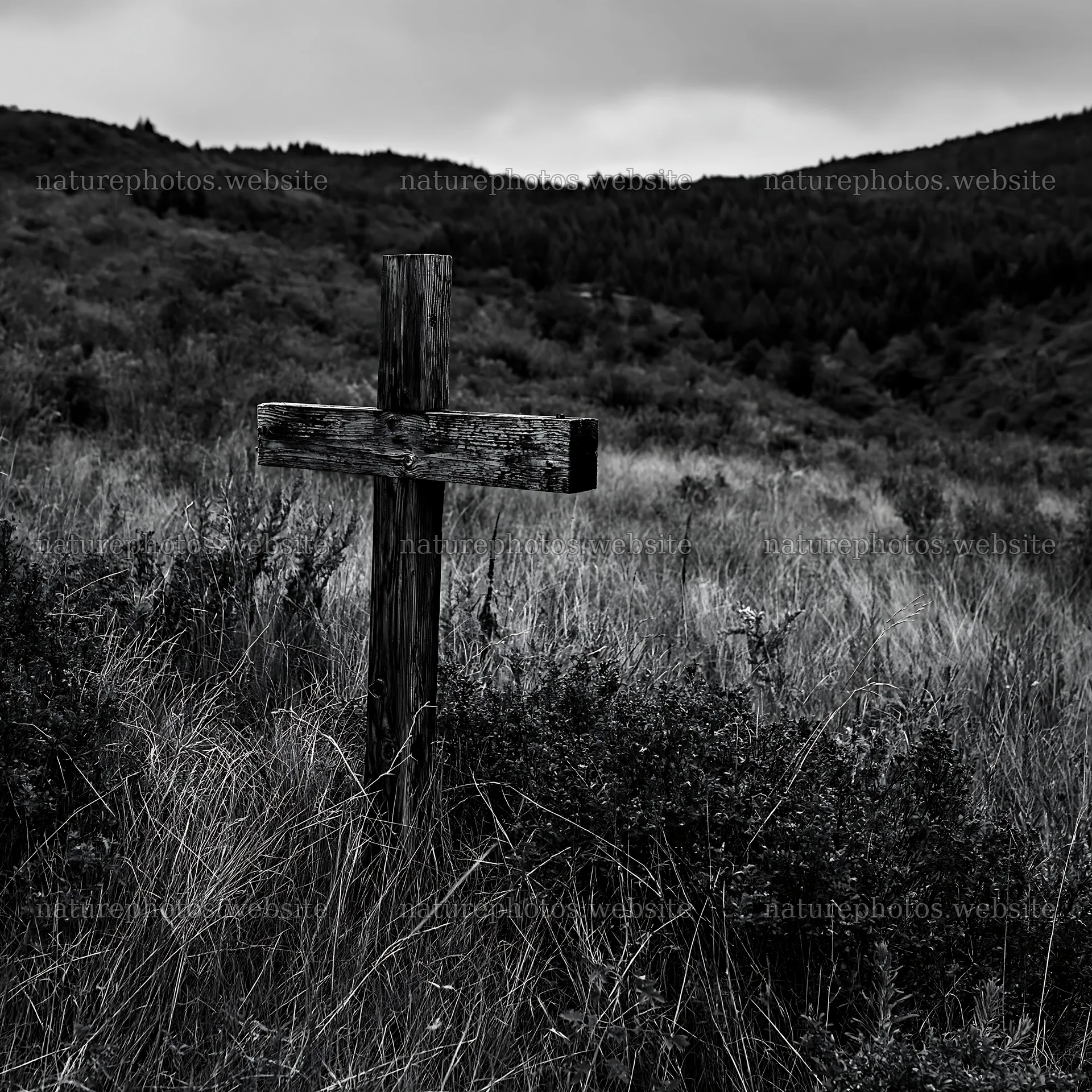 Wooden Christian cross in mountain meadow under cloudy sky – nature photos 7938x7938