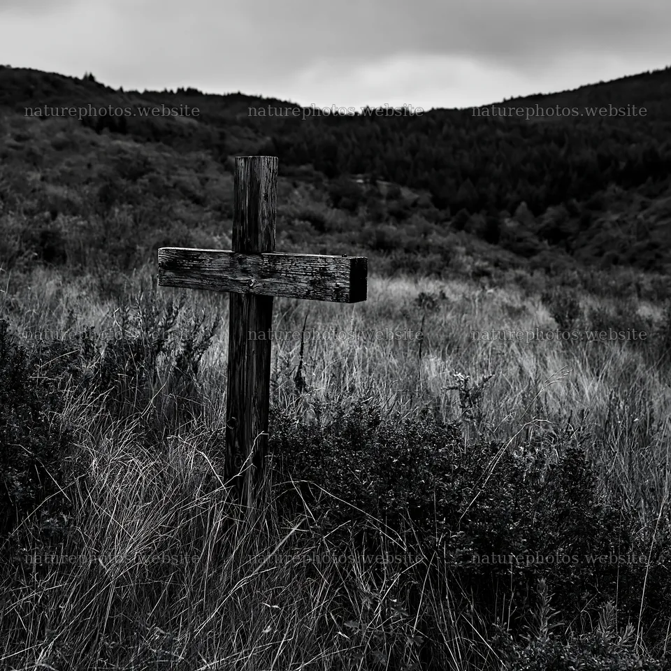 Wooden Christian cross in mountain meadow under cloudy sky – nature photos 7938x7938