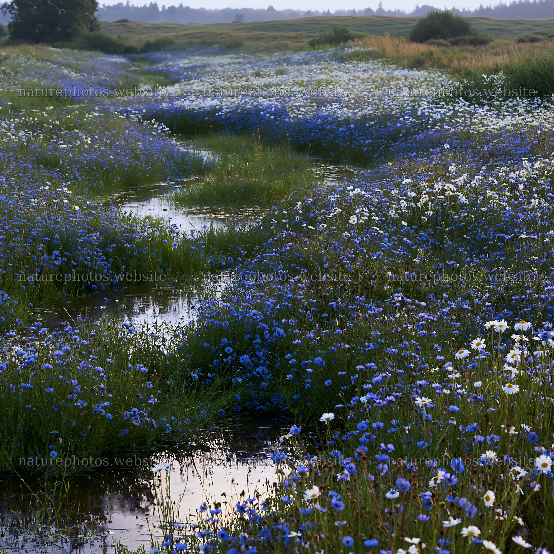 Rainy valley meadow with blooming flowers and water reflections – nature photos 7938x7938