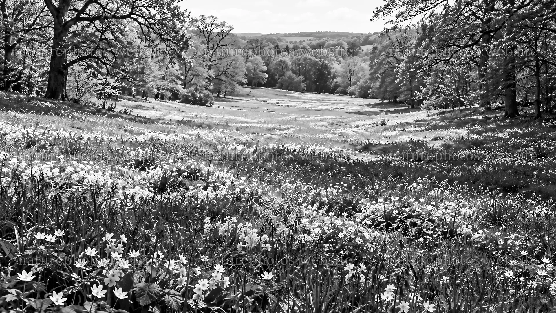 Black and White Woodland Clearing with Wildflowers – nature photos 10324x5812