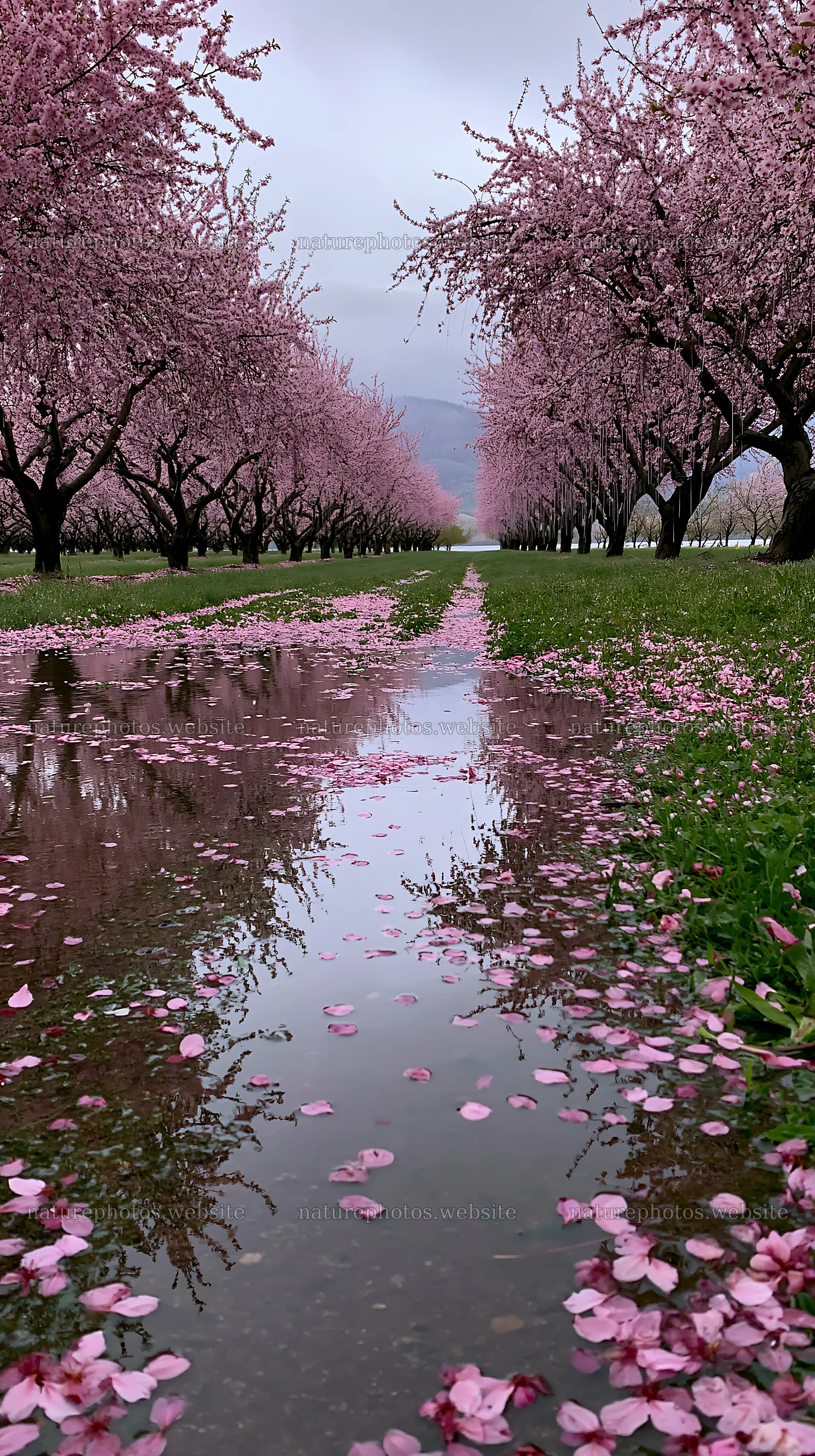 Lakeside orchard meadow with pink blossoms and water reflections – nature photos 5938x10608