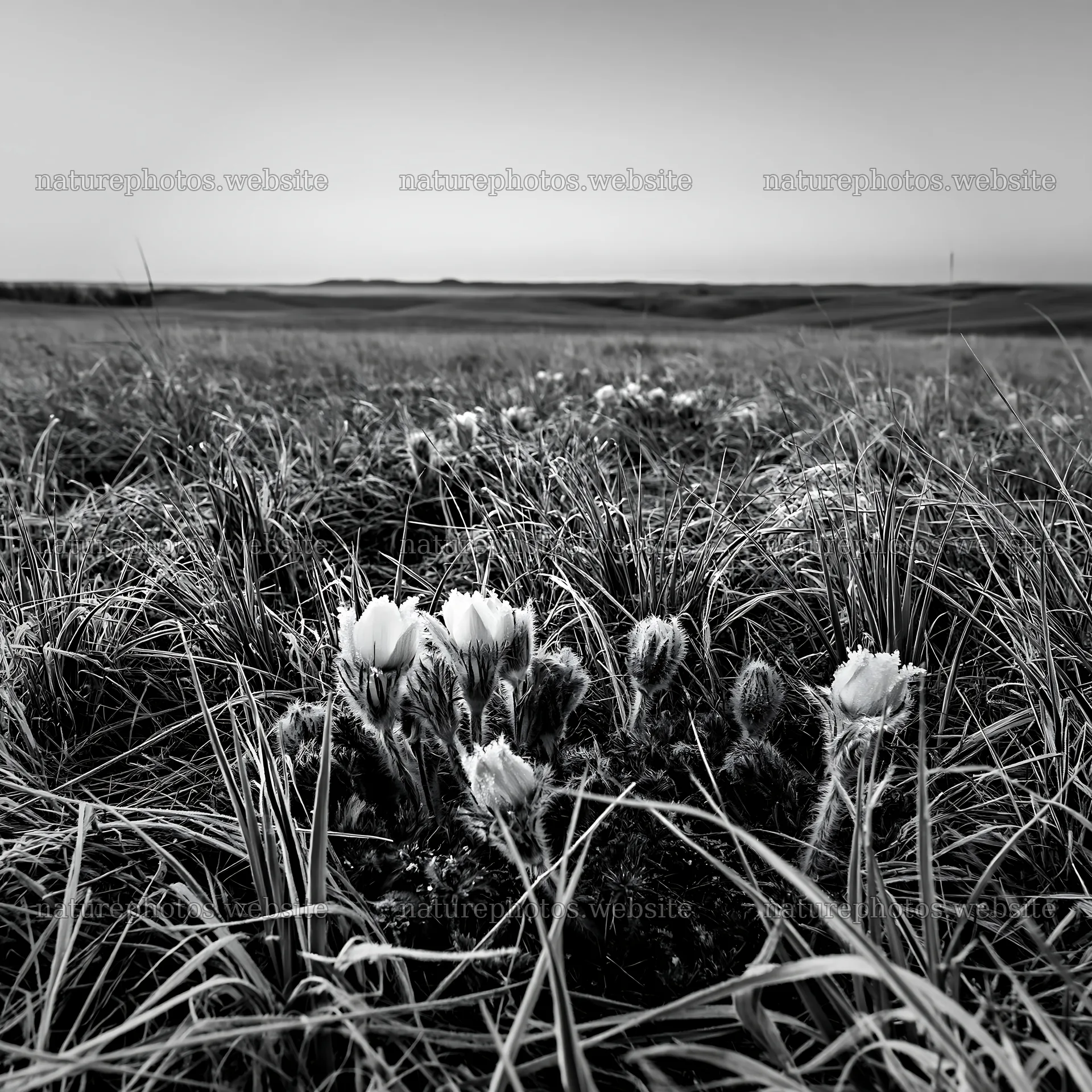 Spring meadow with flowers in black and white landscape – nature photos 7938x7938