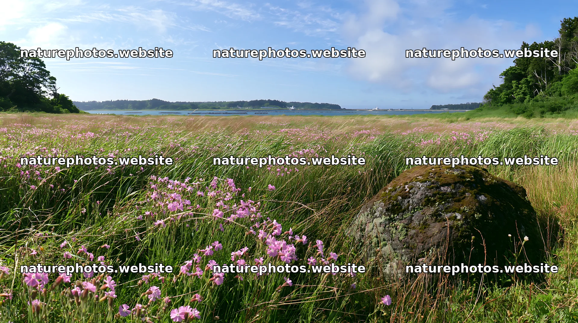 Miyagi spring recovery meadow mossy stone with flowers and grass – nature photos 10608x5938