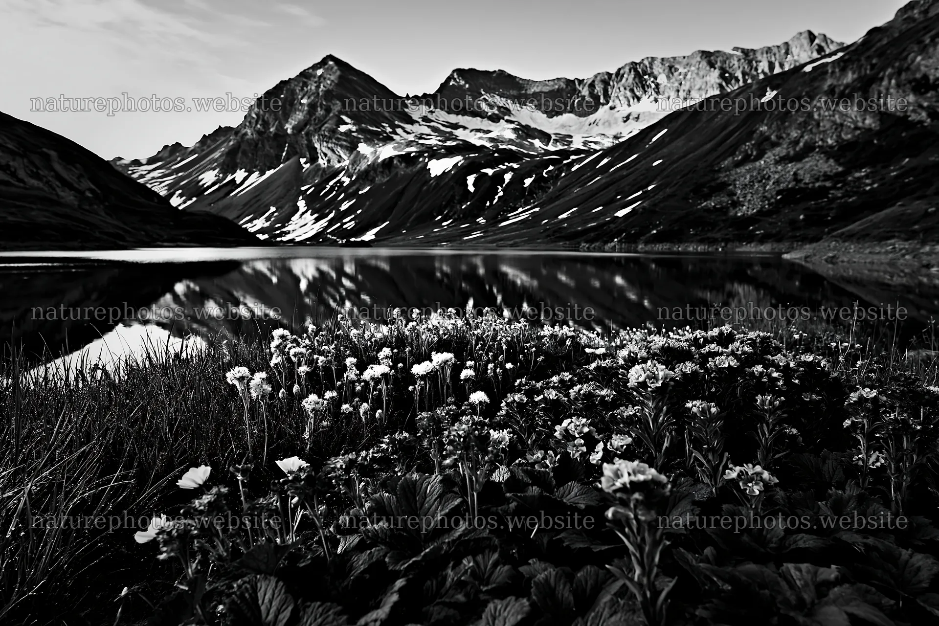 Swiss meadow beside alpine lake with flowers and mountains – nature photos 9722x6480
